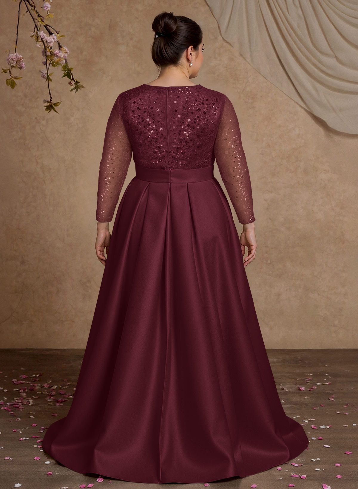 A-Line V-Neck Long Sleeves Satin/Sequined Mother Of The Bride Dresses With Pleated