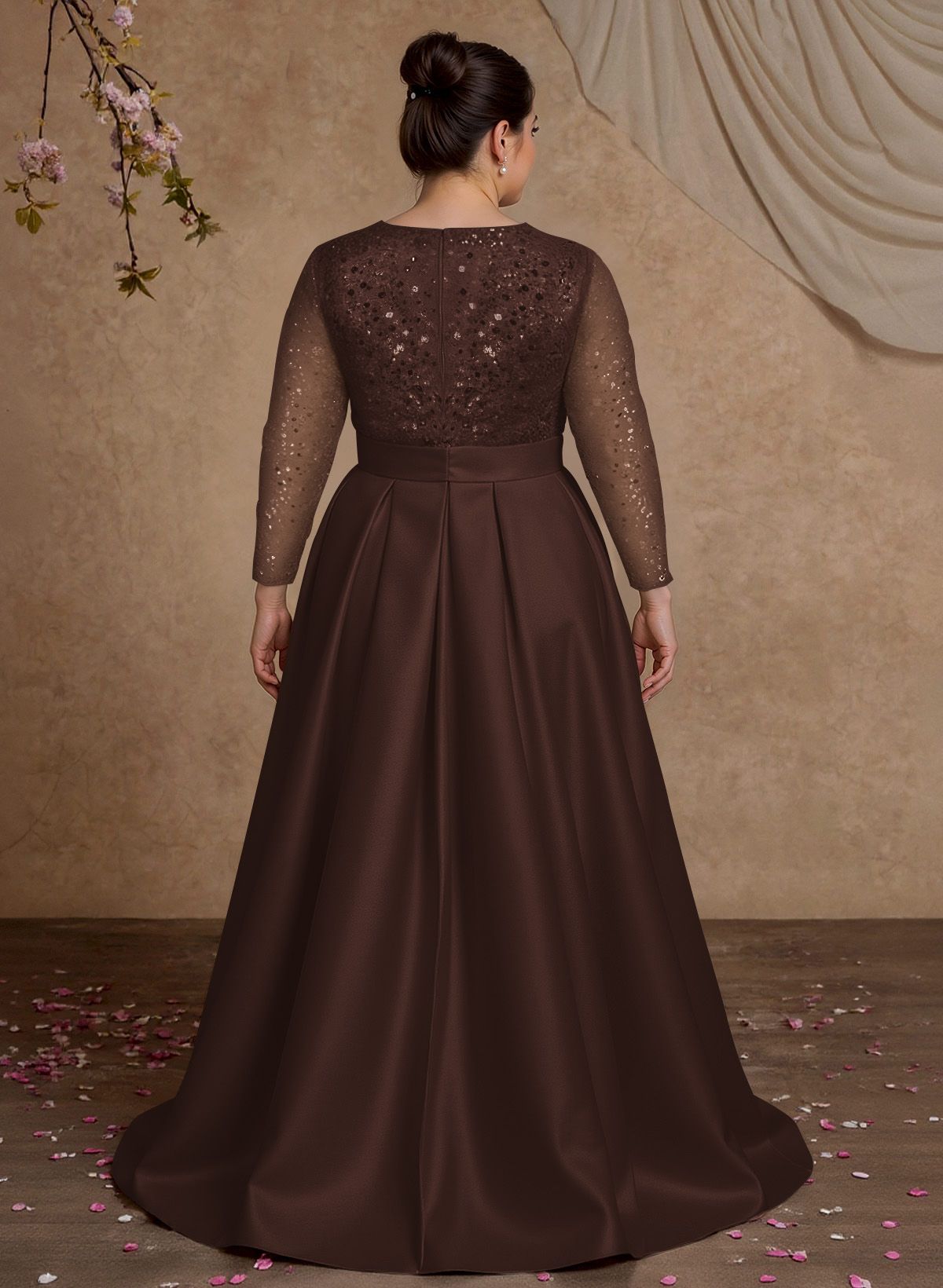 A-Line V-Neck Long Sleeves Satin/Sequined Mother Of The Bride Dresses With Pleated