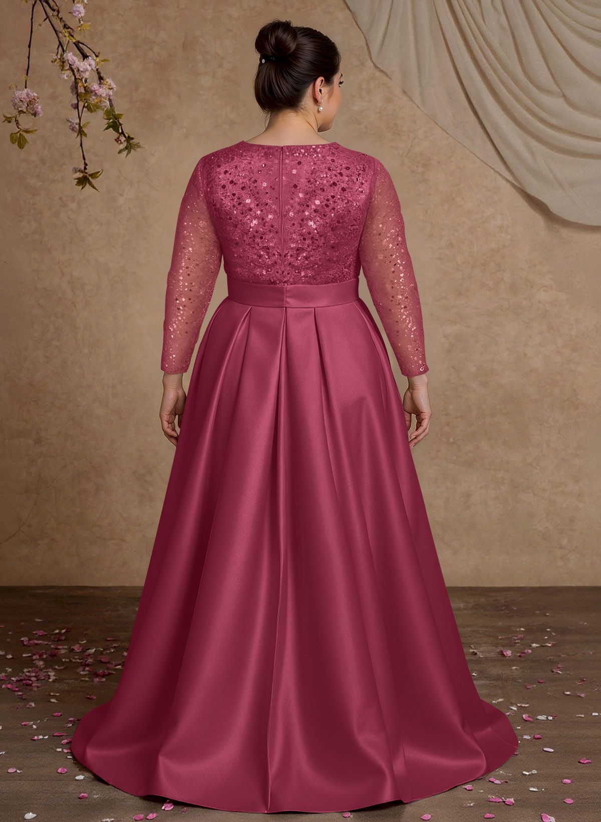 A-Line V-Neck Long Sleeves Satin/Sequined Mother Of The Bride Dresses With Pleated