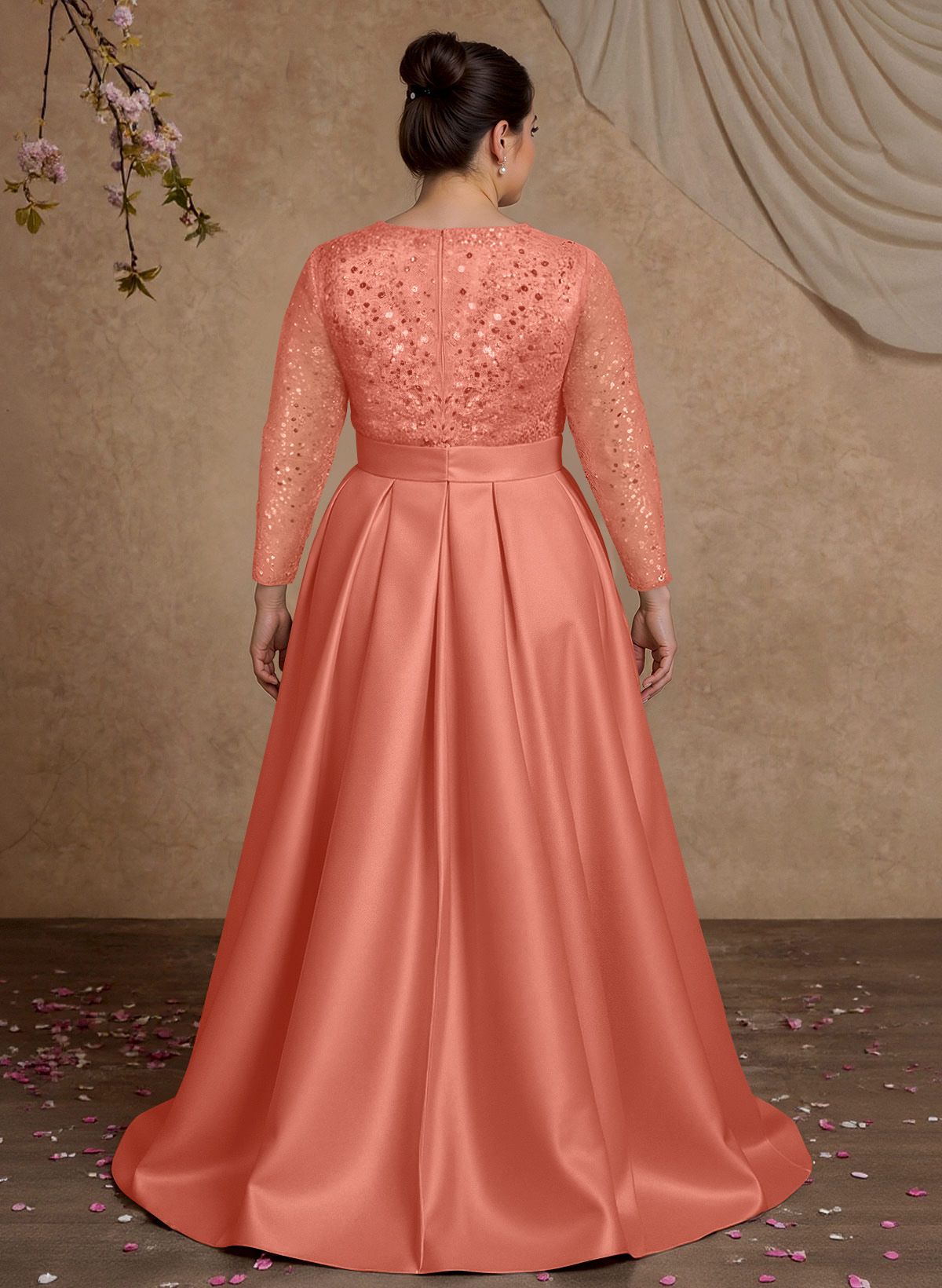 A-Line V-Neck Long Sleeves Satin/Sequined Mother Of The Bride Dresses With Pleated