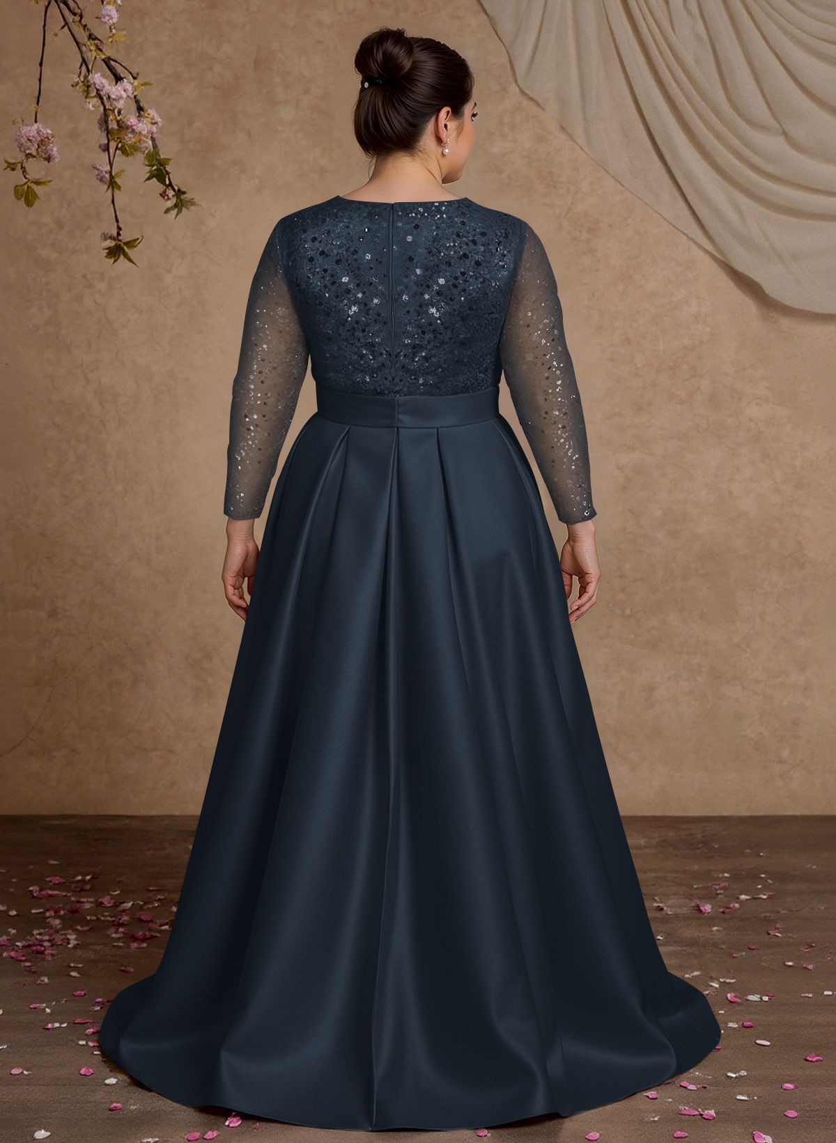 A-Line V-Neck Long Sleeves Satin/Sequined Mother Of The Bride Dresses With Pleated