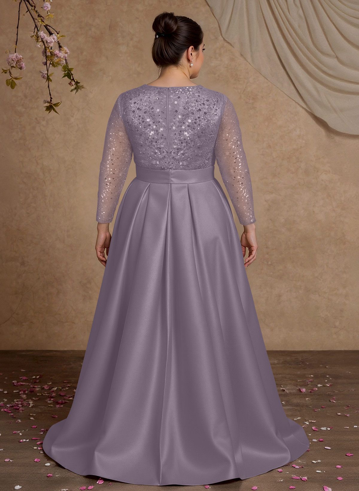 A-Line V-Neck Long Sleeves Satin/Sequined Mother Of The Bride Dresses With Pleated