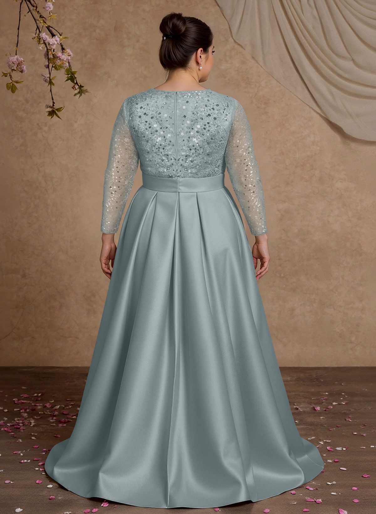 A-Line V-Neck Long Sleeves Satin/Sequined Mother Of The Bride Dresses With Pleated