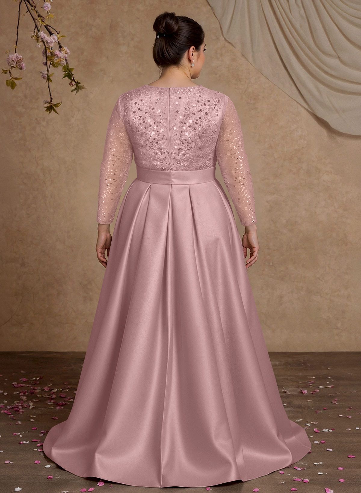 A-Line V-Neck Long Sleeves Satin/Sequined Mother Of The Bride Dresses With Pleated