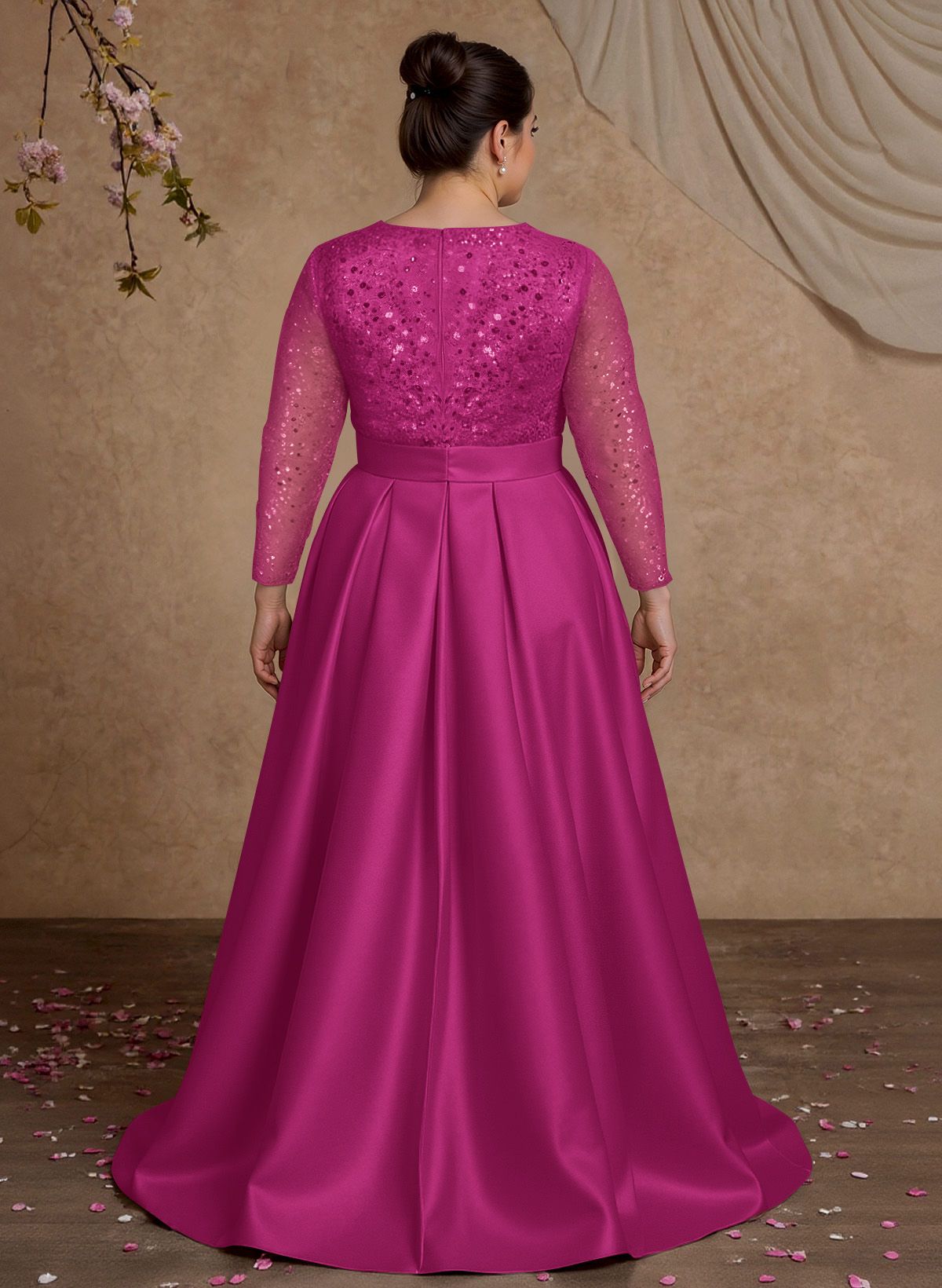 A-Line V-Neck Long Sleeves Satin/Sequined Mother Of The Bride Dresses With Pleated