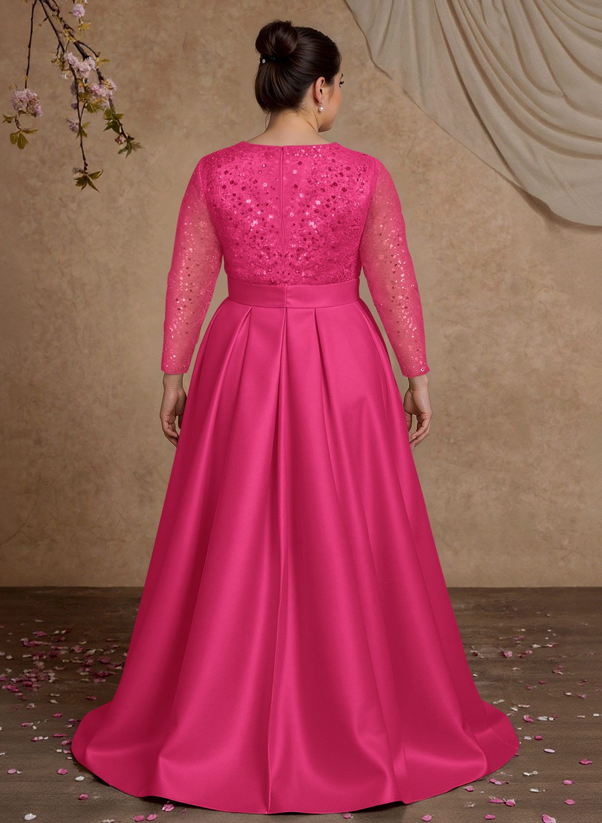 A-Line V-Neck Long Sleeves Satin/Sequined Mother Of The Bride Dresses With Pleated
