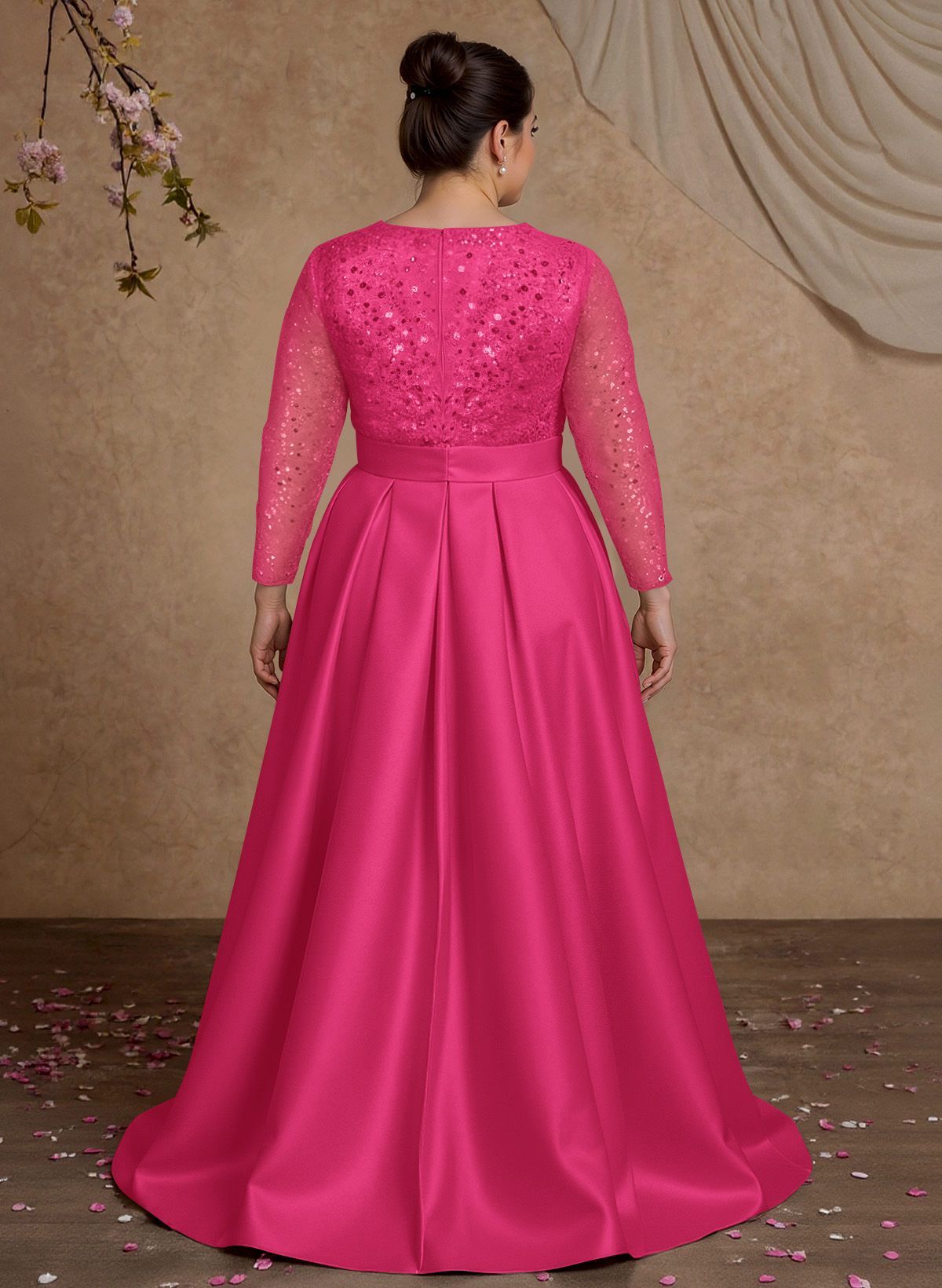 A-Line V-Neck Long Sleeves Satin/Sequined Mother Of The Bride Dresses With Pleated