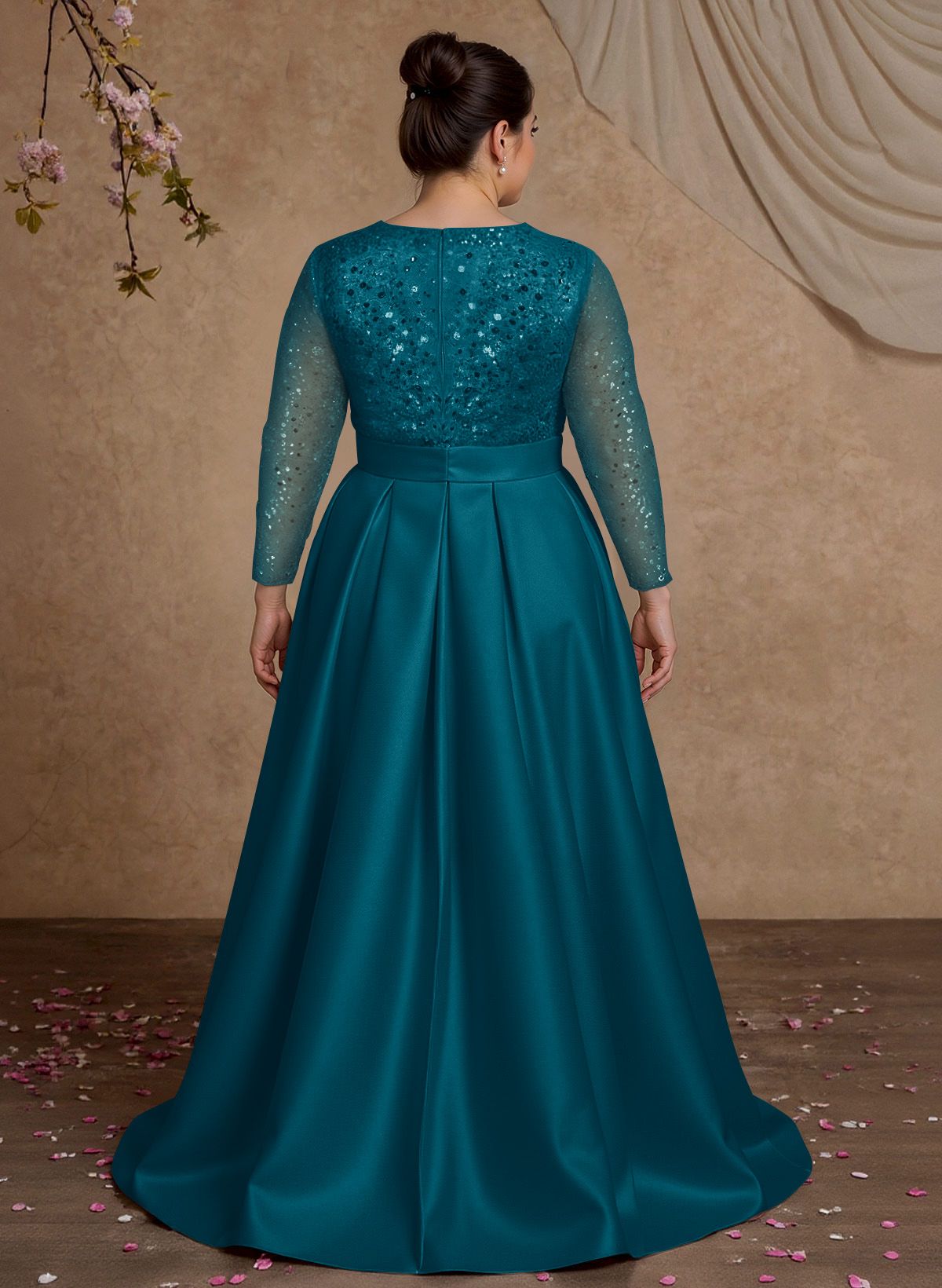 A-Line V-Neck Long Sleeves Satin/Sequined Mother Of The Bride Dresses With Pleated