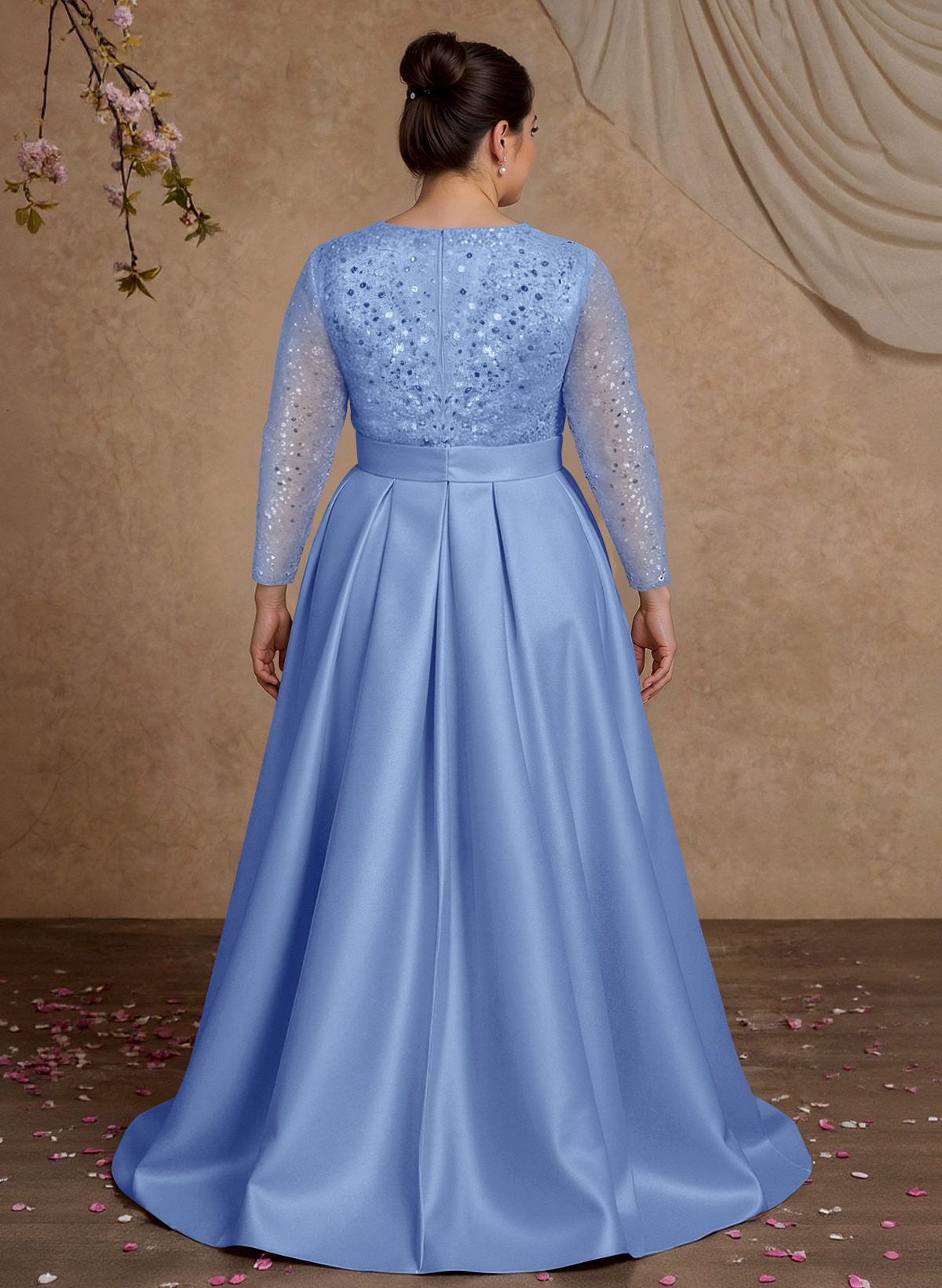 A-Line V-Neck Long Sleeves Satin/Sequined Mother Of The Bride Dresses With Pleated