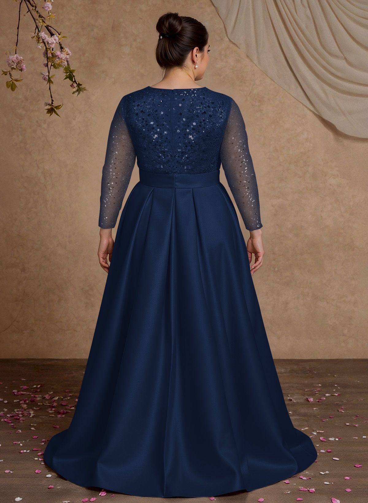 A-Line V-Neck Long Sleeves Satin/Sequined Mother Of The Bride Dresses With Pleated