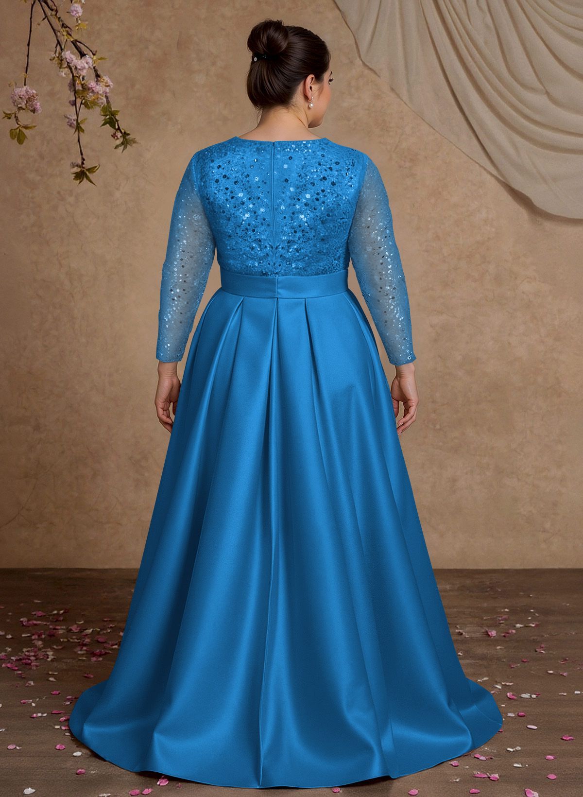 A-Line V-Neck Long Sleeves Satin/Sequined Mother Of The Bride Dresses With Pleated