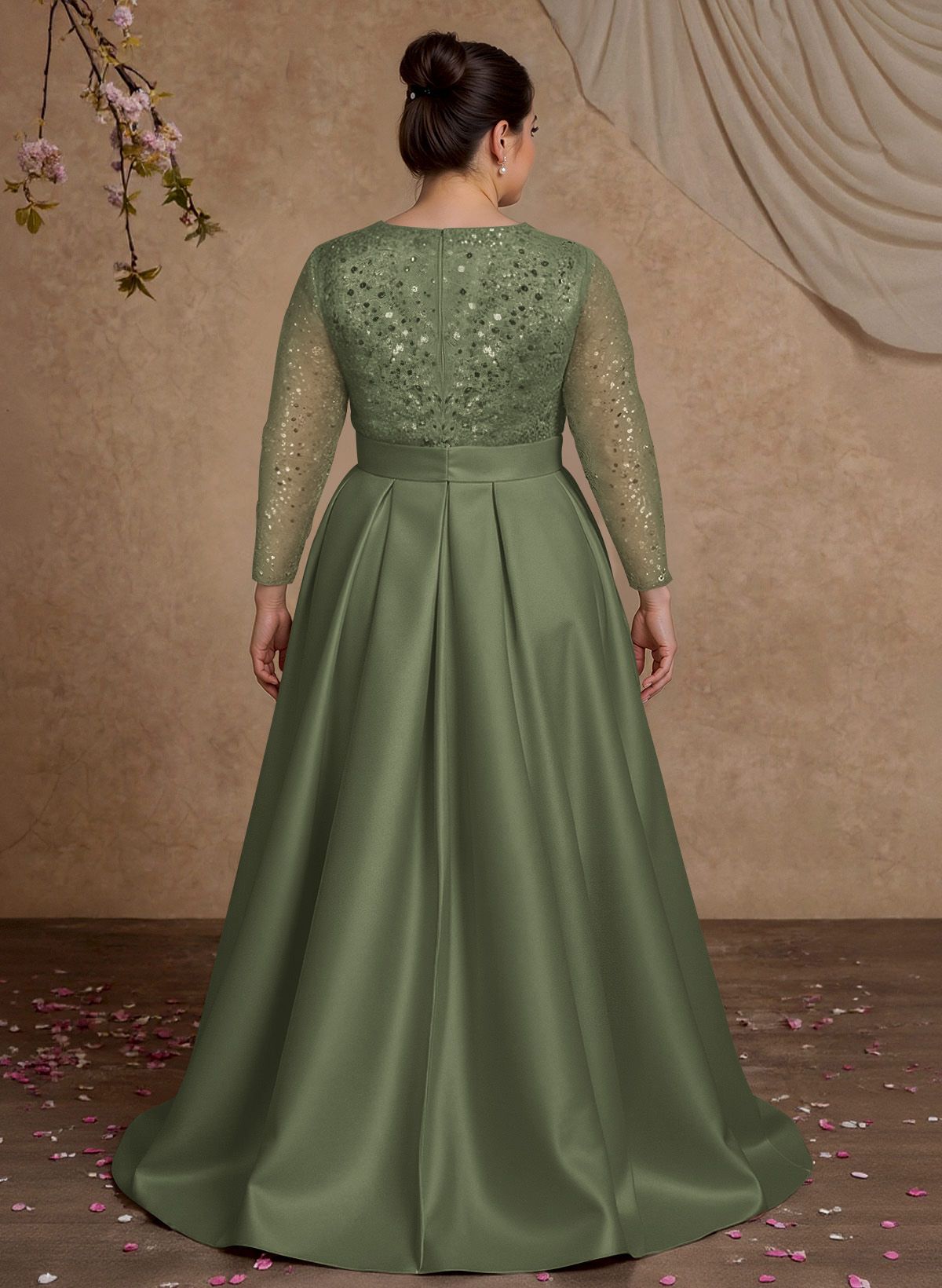 A-Line V-Neck Long Sleeves Satin/Sequined Mother Of The Bride Dresses With Pleated