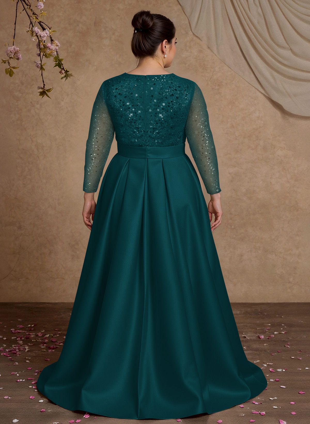 A-Line V-Neck Long Sleeves Satin/Sequined Mother Of The Bride Dresses With Pleated