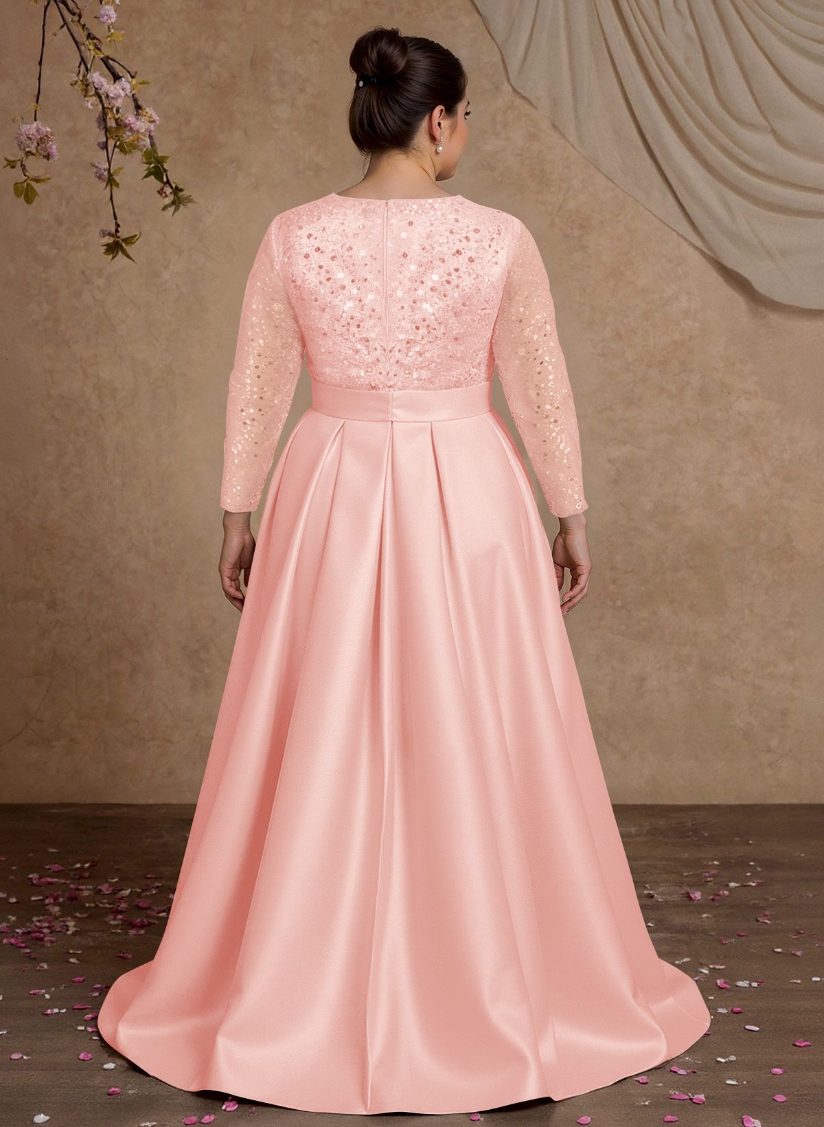 A-Line V-Neck Long Sleeves Satin/Sequined Mother Of The Bride Dresses With Pleated