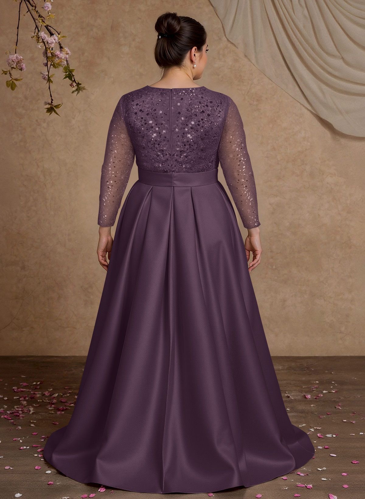 A-Line V-Neck Long Sleeves Satin/Sequined Mother Of The Bride Dresses With Pleated