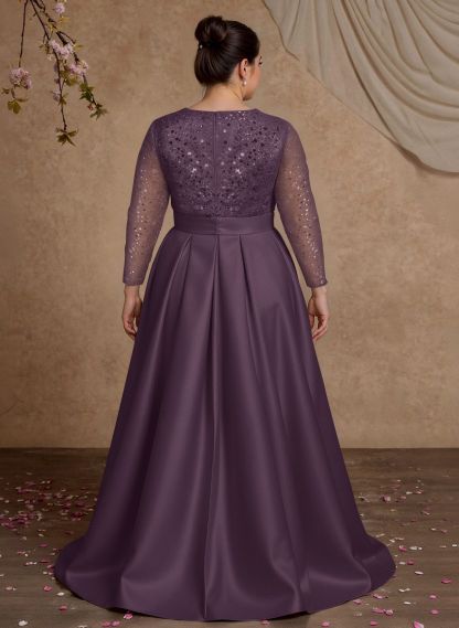 A-Line V-Neck Long Sleeves Satin/Sequined Mother Of The Bride Dresses With Pleated