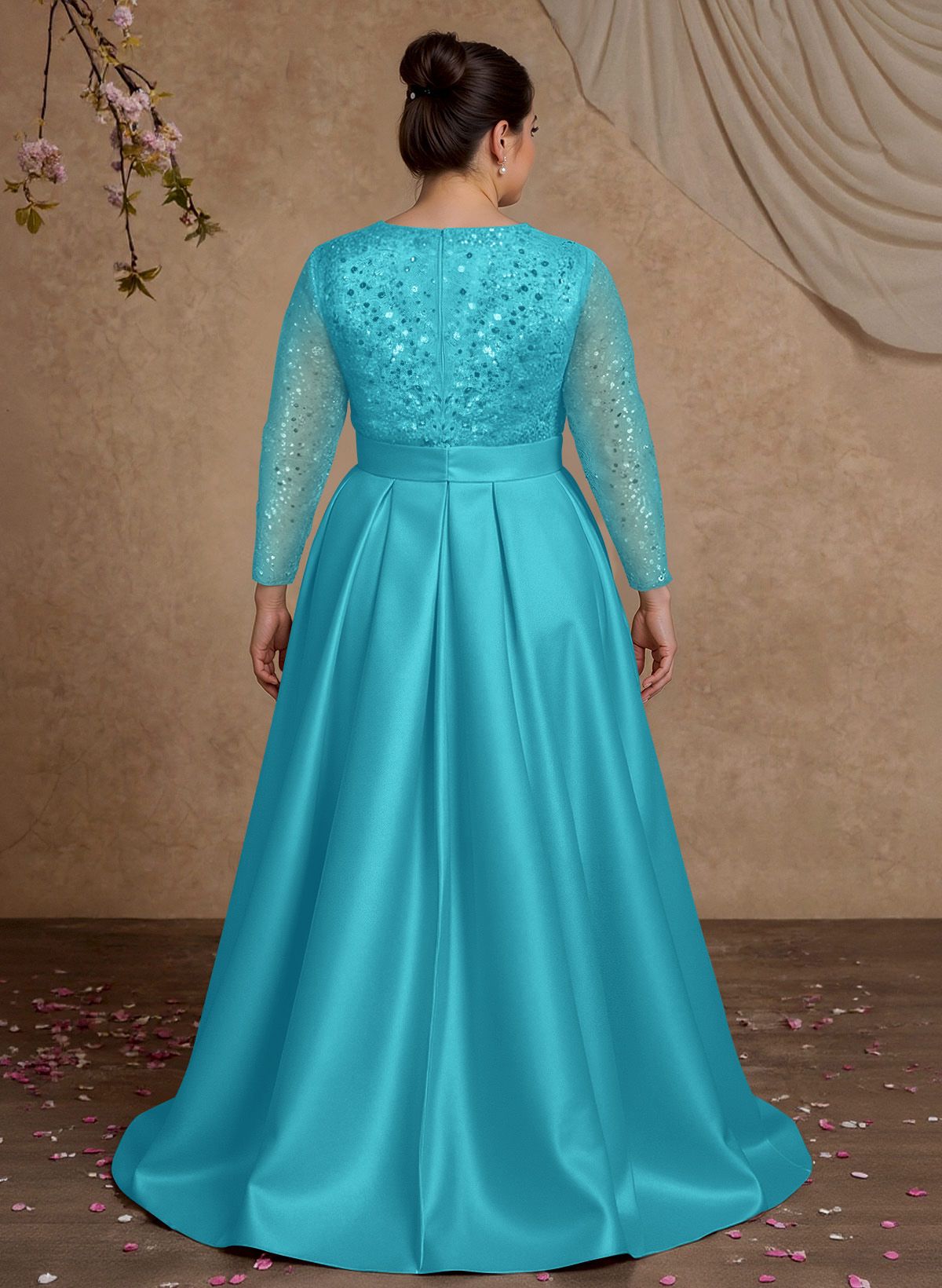 A-Line V-Neck Long Sleeves Satin/Sequined Mother Of The Bride Dresses With Pleated