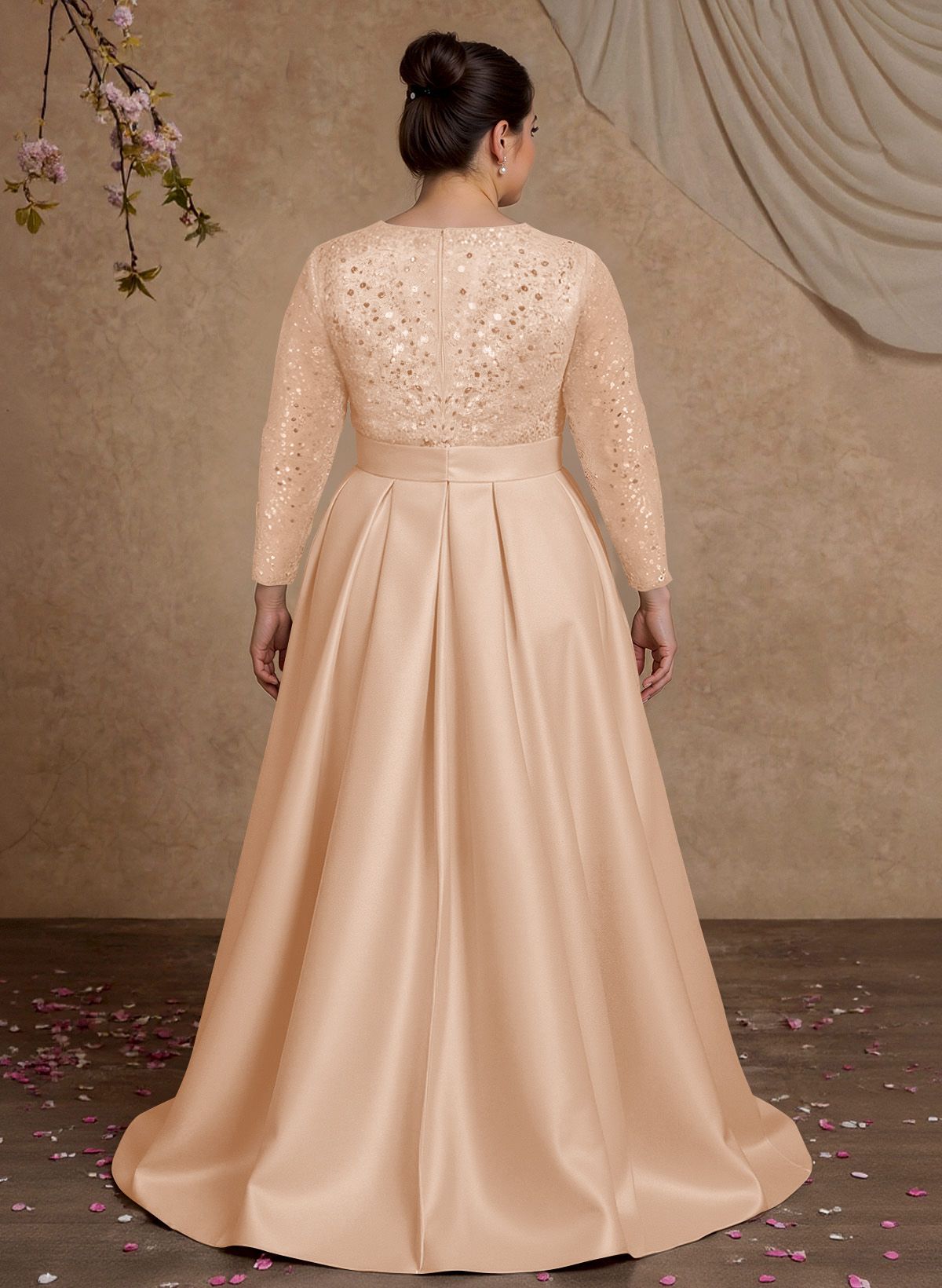 A-Line V-Neck Long Sleeves Satin/Sequined Mother Of The Bride Dresses With Pleated