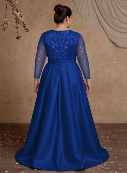 A-Line V-Neck Long Sleeves Satin/Sequined Mother Of The Bride Dresses With Pleated