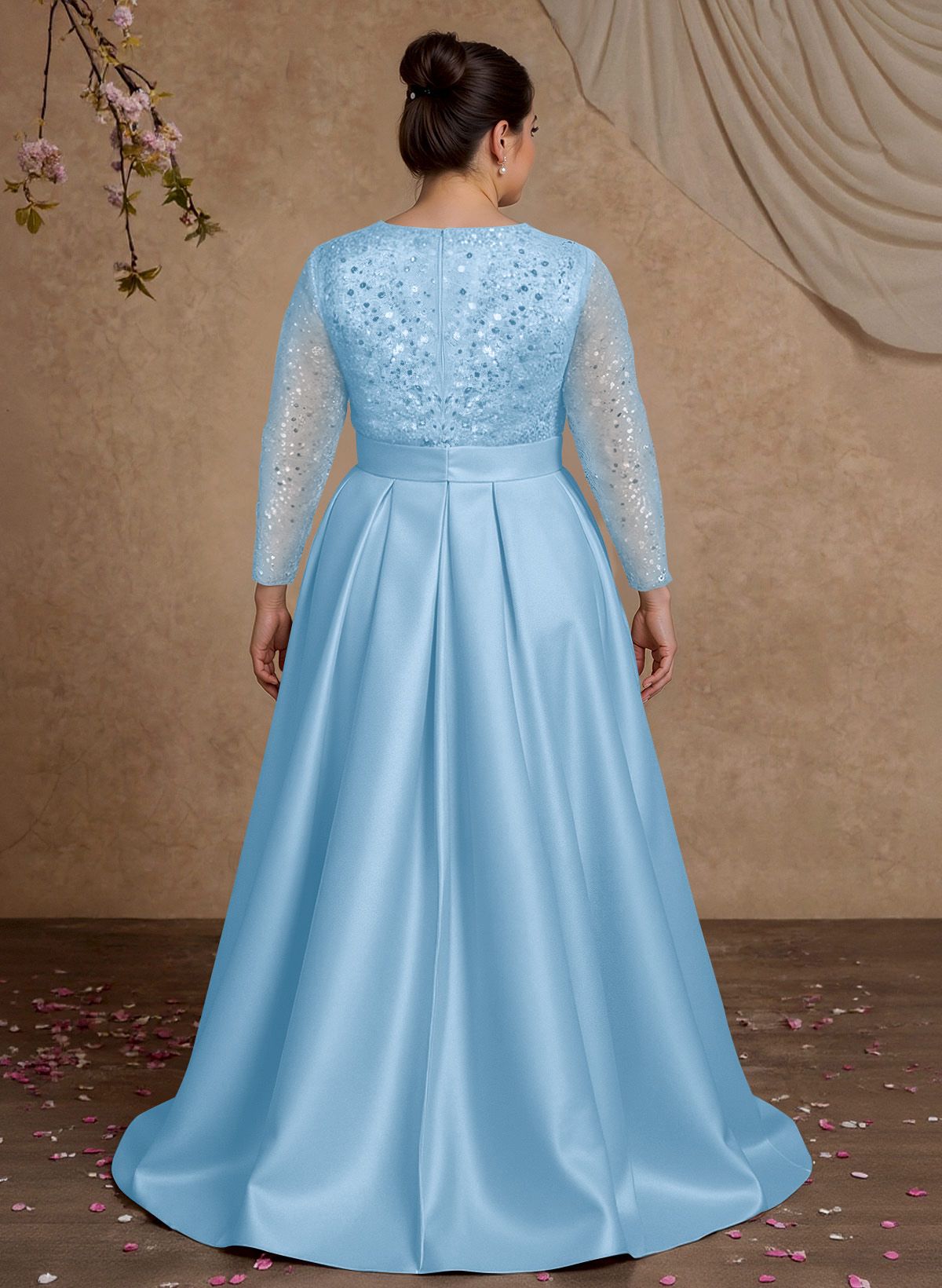 A-Line V-Neck Long Sleeves Satin/Sequined Mother Of The Bride Dresses With Pleated