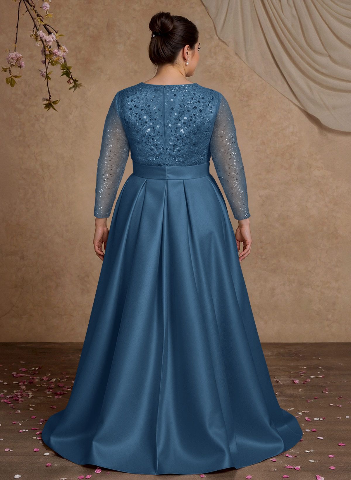 A-Line V-Neck Long Sleeves Satin/Sequined Mother Of The Bride Dresses With Pleated