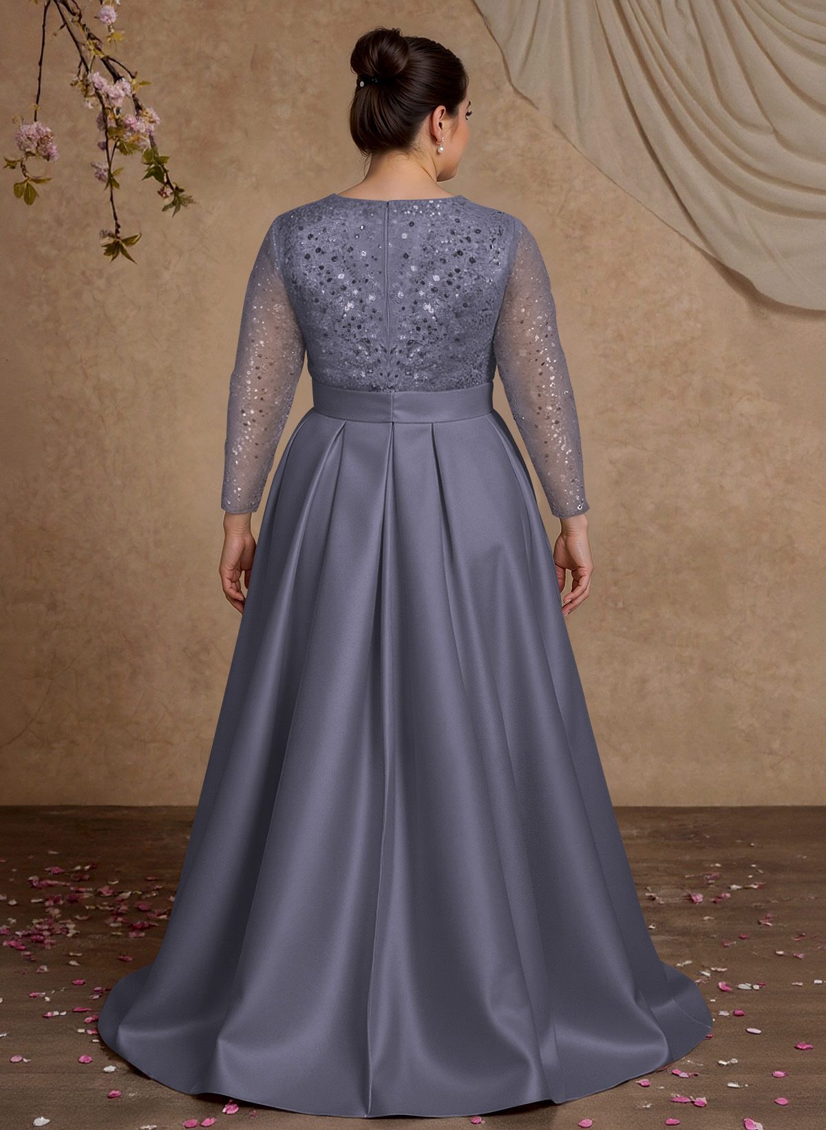 A-Line V-Neck Long Sleeves Satin/Sequined Mother Of The Bride Dresses With Pleated