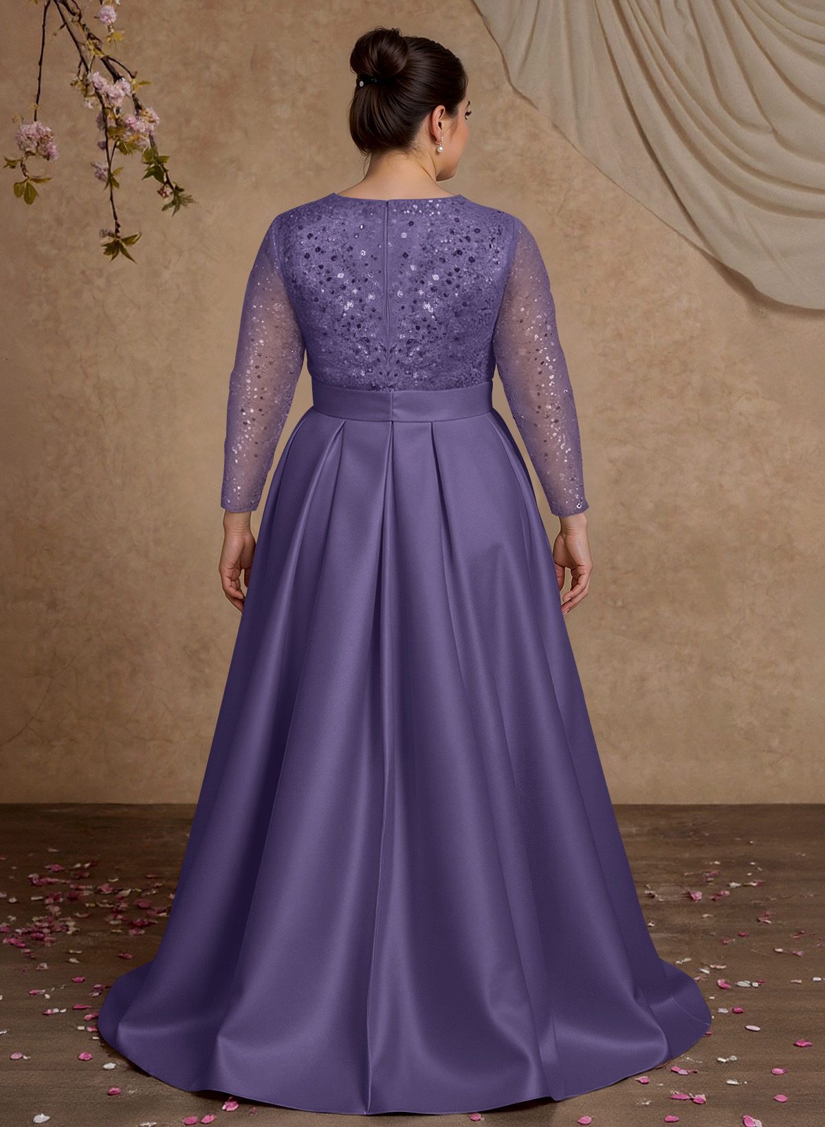 A-Line V-Neck Long Sleeves Satin/Sequined Mother Of The Bride Dresses With Pleated