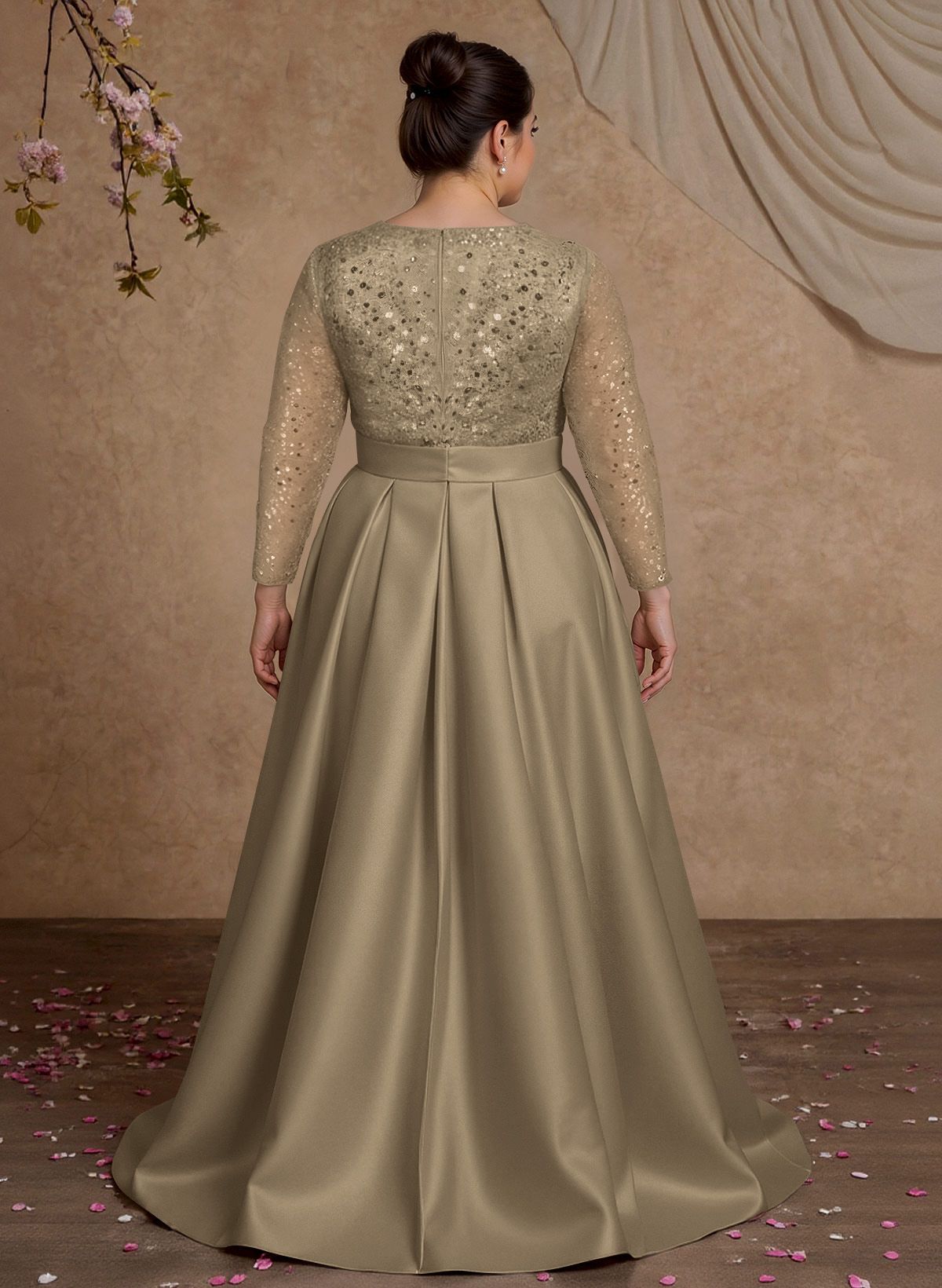 A-Line V-Neck Long Sleeves Satin/Sequined Mother Of The Bride Dresses With Pleated