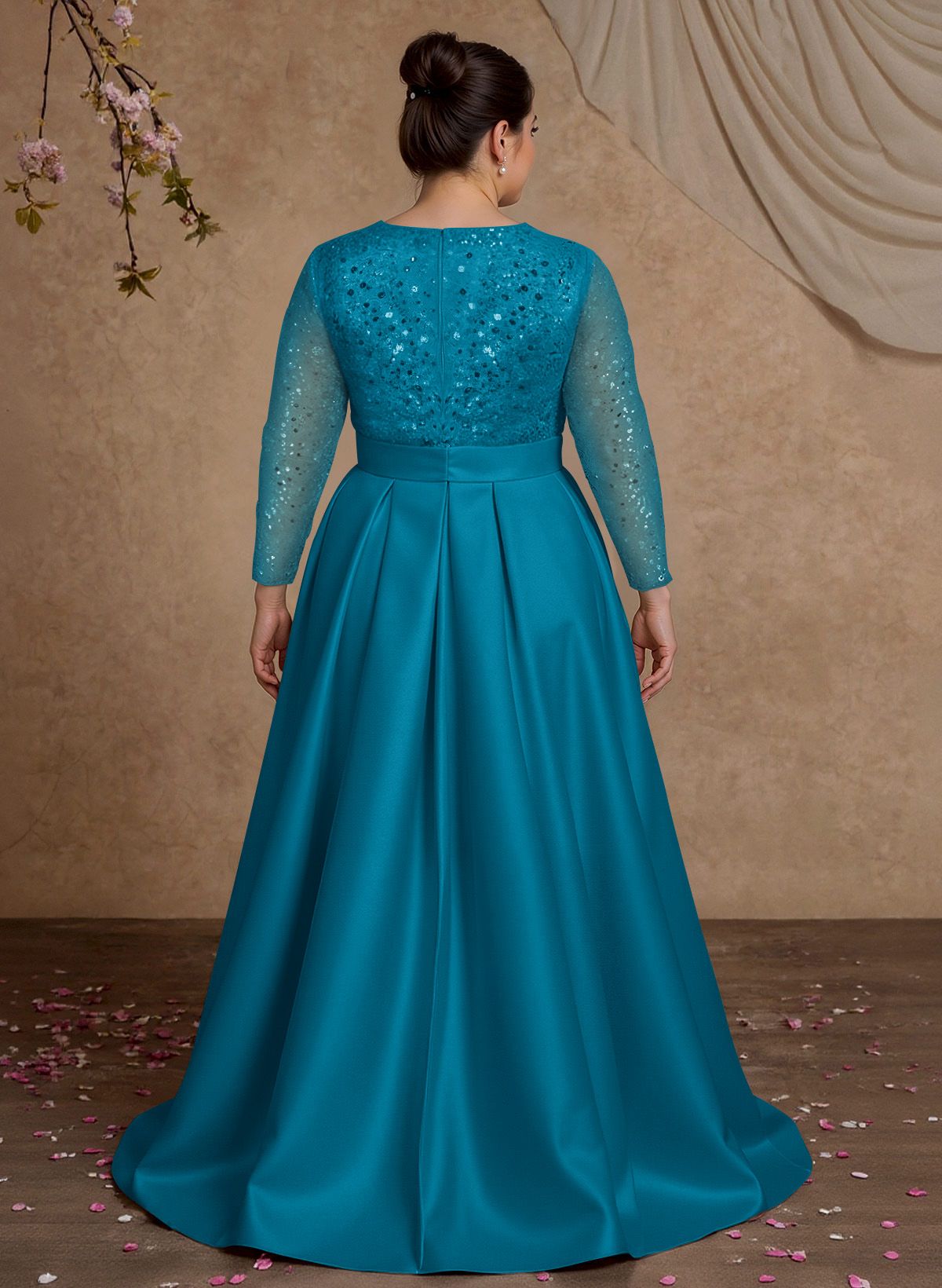 A-Line V-Neck Long Sleeves Satin/Sequined Mother Of The Bride Dresses With Pleated