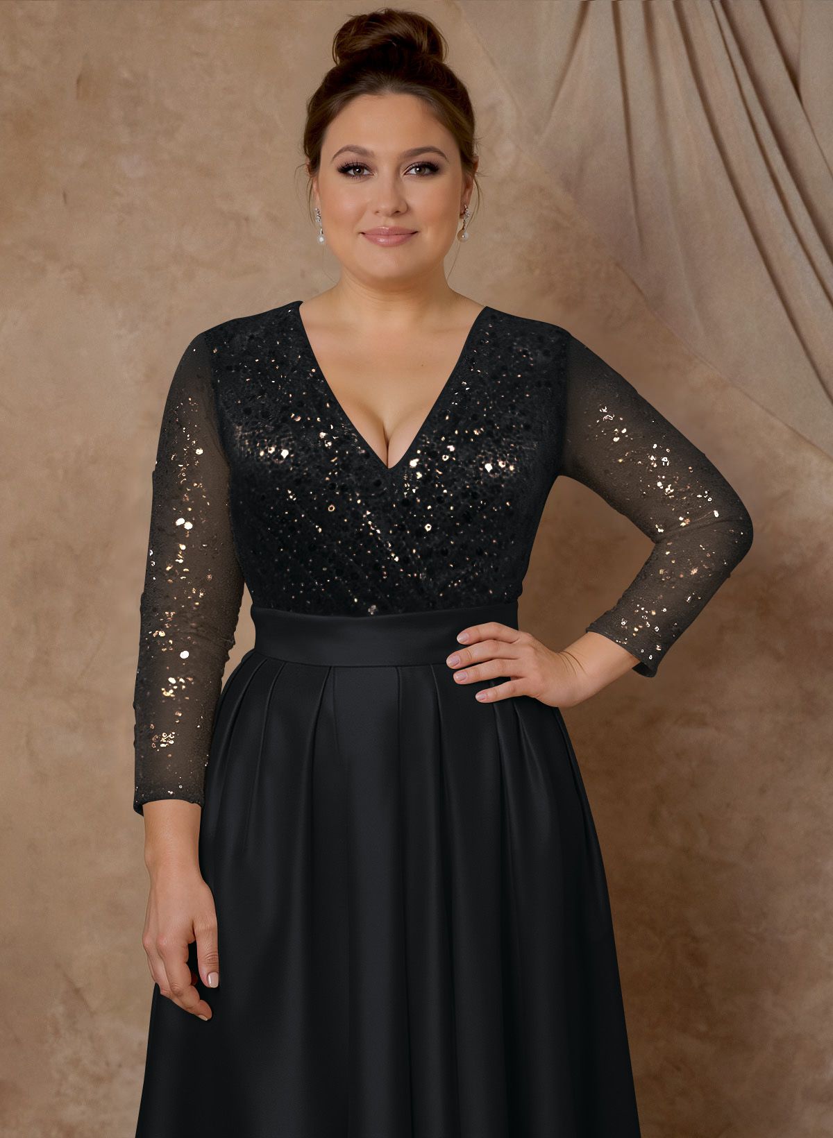 A-Line V-Neck Long Sleeves Satin/Sequined Mother Of The Bride Dresses With Pleated