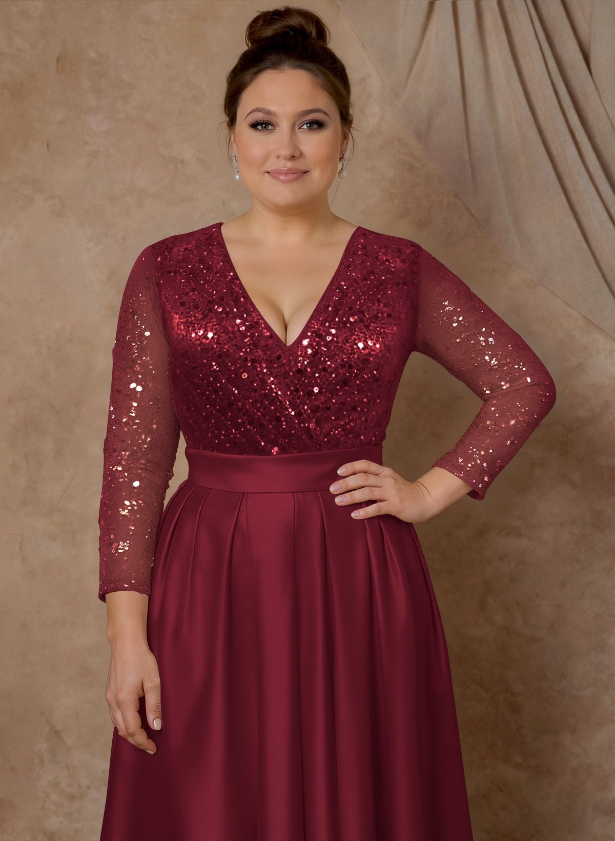 A-Line V-Neck Long Sleeves Satin/Sequined Mother Of The Bride Dresses With Pleated