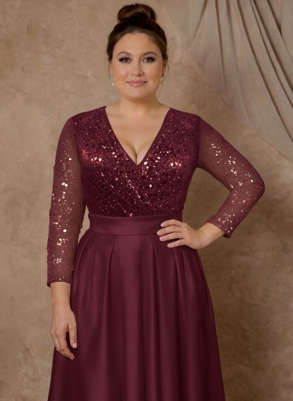 A-Line V-Neck Long Sleeves Satin/Sequined Mother Of The Bride Dresses With Pleated