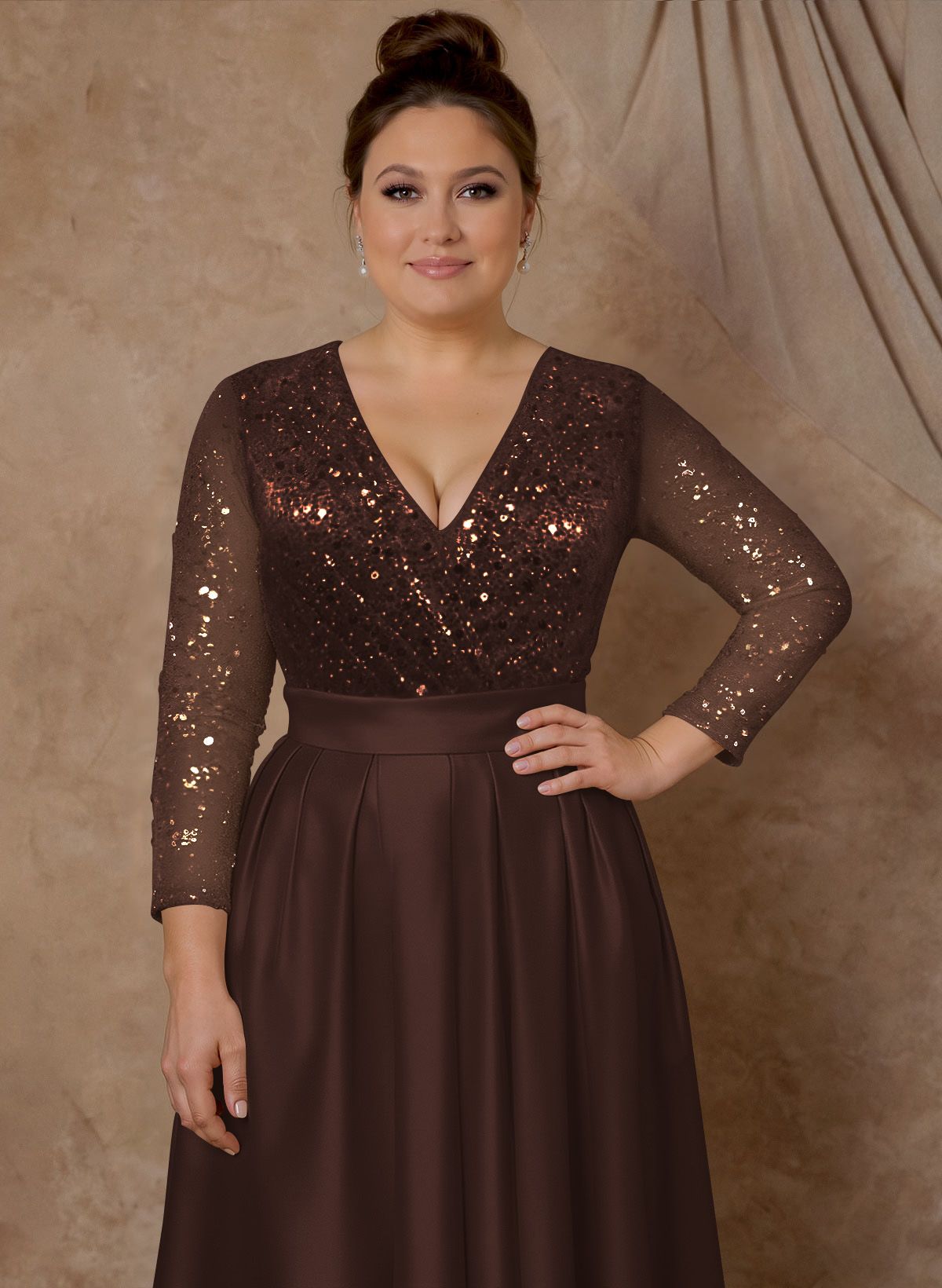A-Line V-Neck Long Sleeves Satin/Sequined Mother Of The Bride Dresses With Pleated