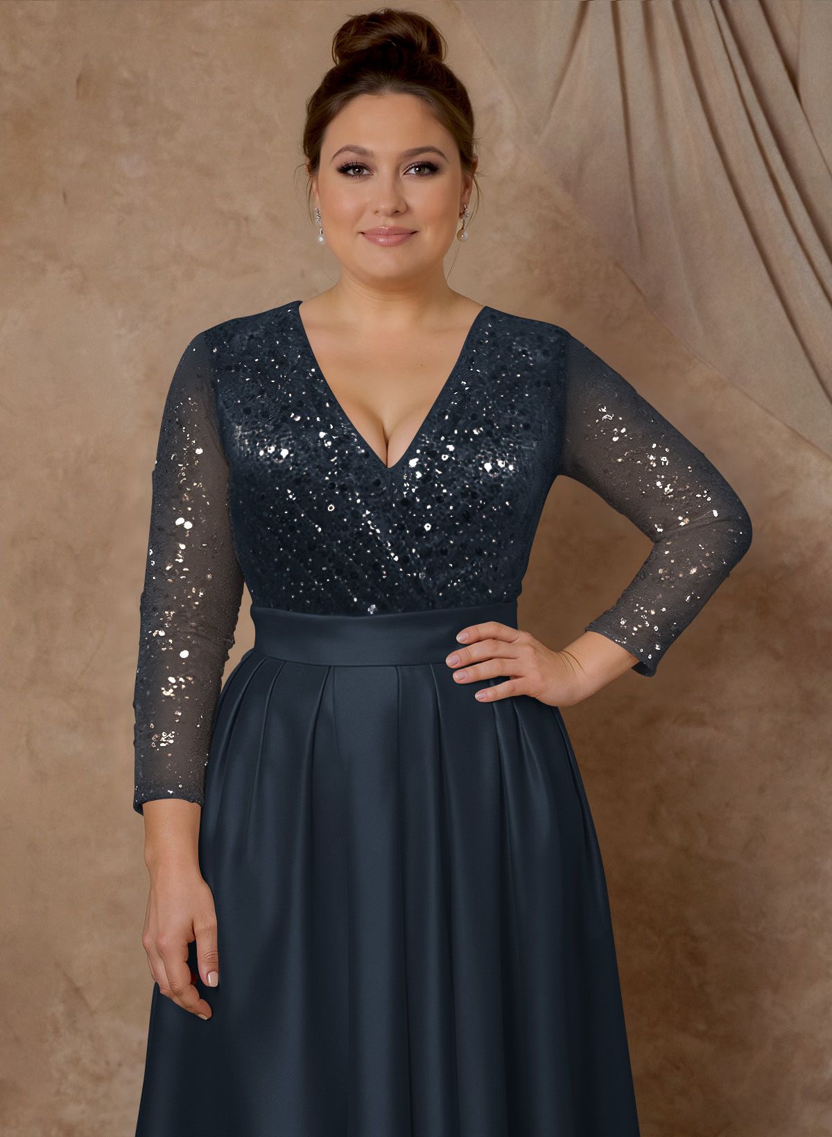 A-Line V-Neck Long Sleeves Satin/Sequined Mother Of The Bride Dresses With Pleated