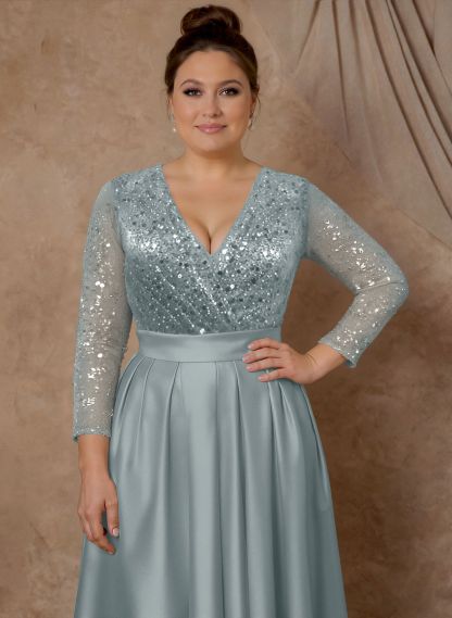 A-Line V-Neck Long Sleeves Satin/Sequined Mother Of The Bride Dresses With Pleated