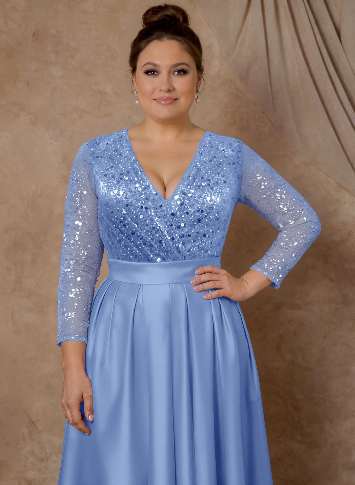 A-Line V-Neck Long Sleeves Satin/Sequined Mother Of The Bride Dresses With Pleated