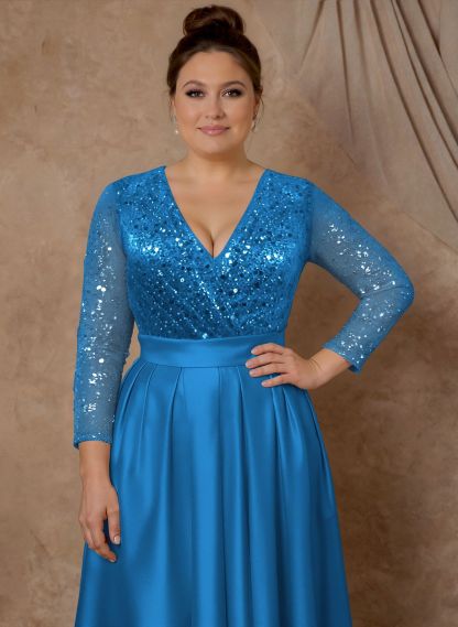 A-Line V-Neck Long Sleeves Satin/Sequined Mother Of The Bride Dresses With Pleated