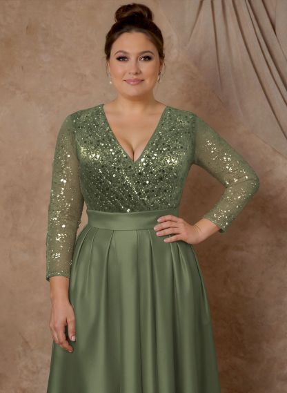 A-Line V-Neck Long Sleeves Satin/Sequined Mother Of The Bride Dresses With Pleated