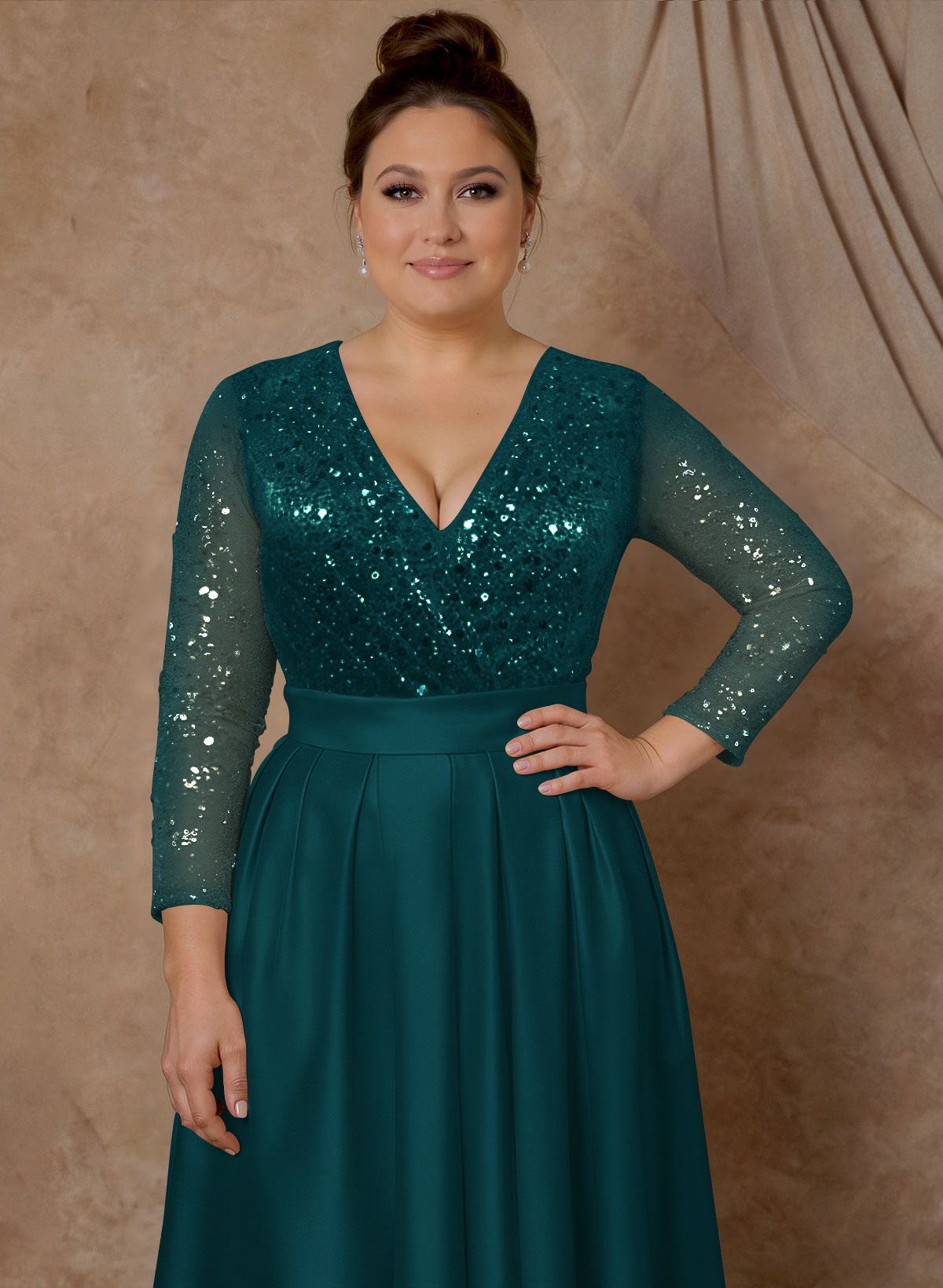 A-Line V-Neck Long Sleeves Satin/Sequined Mother Of The Bride Dresses With Pleated