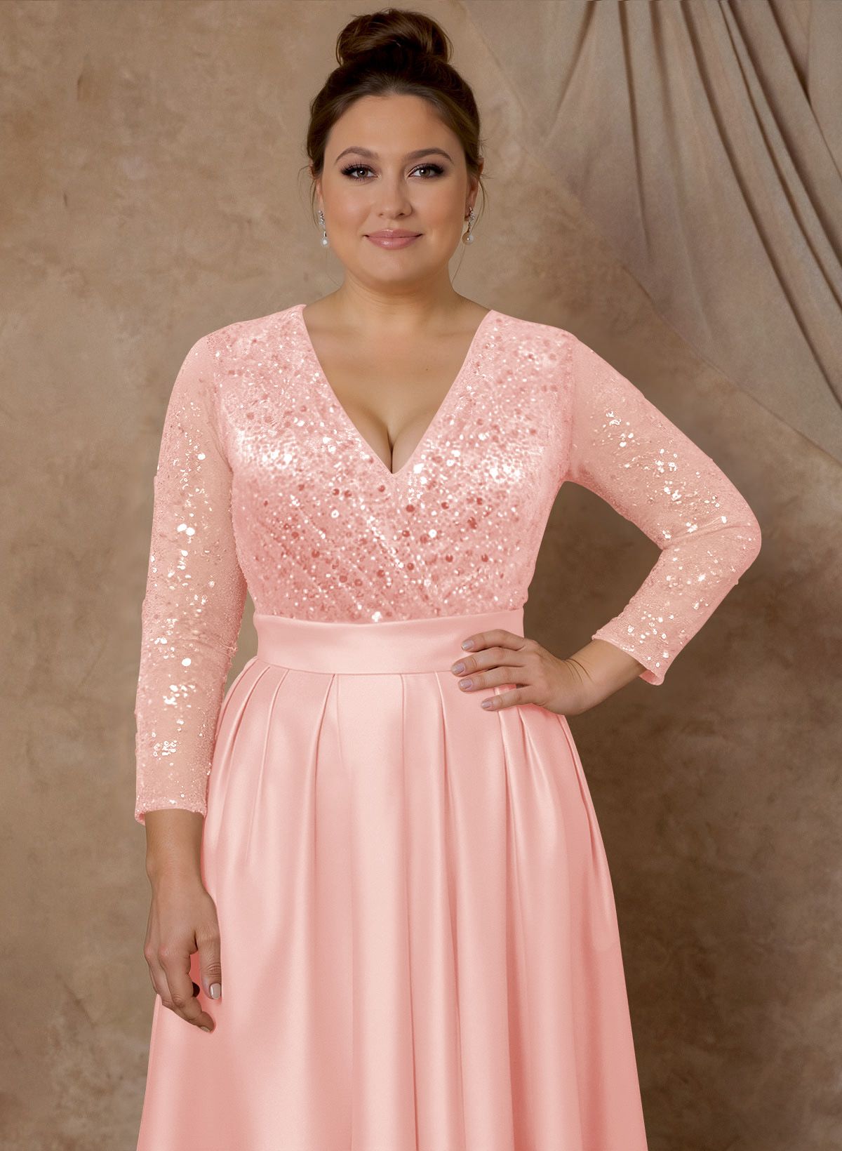 A-Line V-Neck Long Sleeves Satin/Sequined Mother Of The Bride Dresses With Pleated