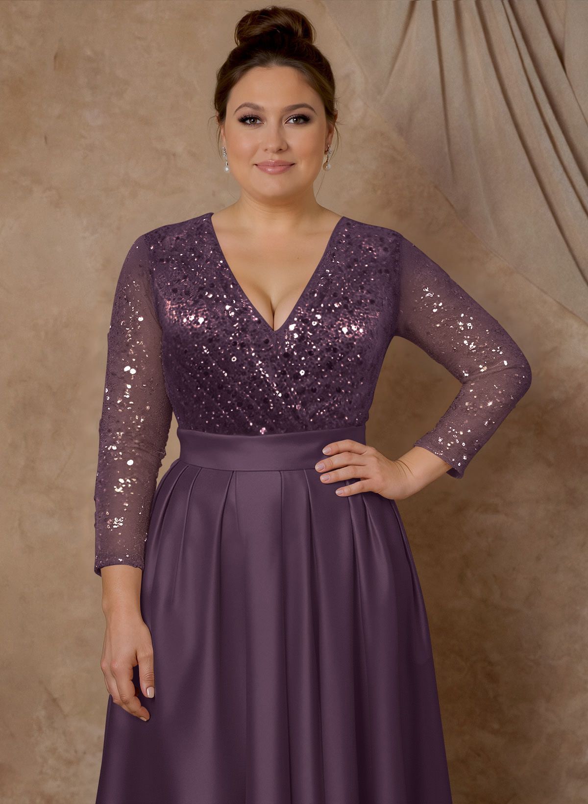 A-Line V-Neck Long Sleeves Satin/Sequined Mother Of The Bride Dresses With Pleated