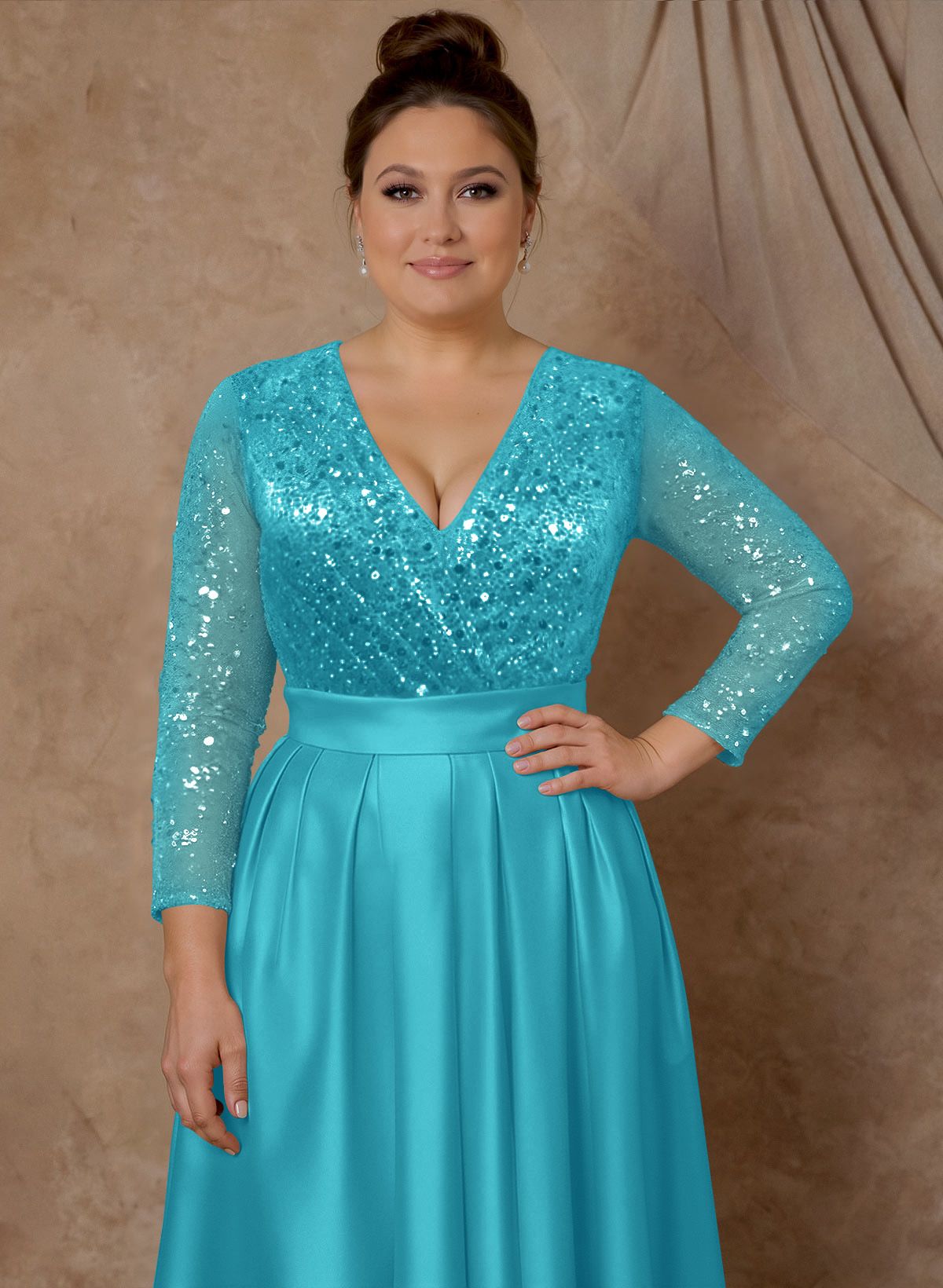 A-Line V-Neck Long Sleeves Satin/Sequined Mother Of The Bride Dresses With Pleated