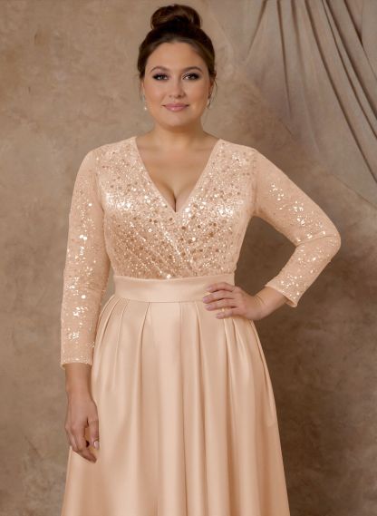 A-Line V-Neck Long Sleeves Satin/Sequined Mother Of The Bride Dresses With Pleated