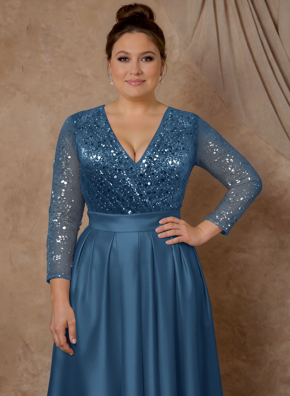 A-Line V-Neck Long Sleeves Satin/Sequined Mother Of The Bride Dresses With Pleated