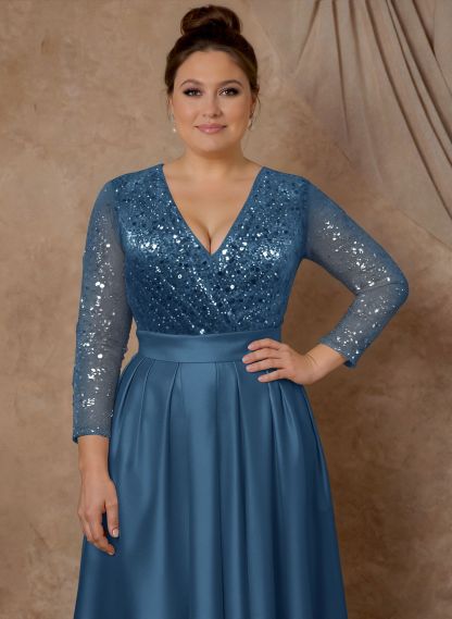 A-Line V-Neck Long Sleeves Satin/Sequined Mother Of The Bride Dresses With Pleated