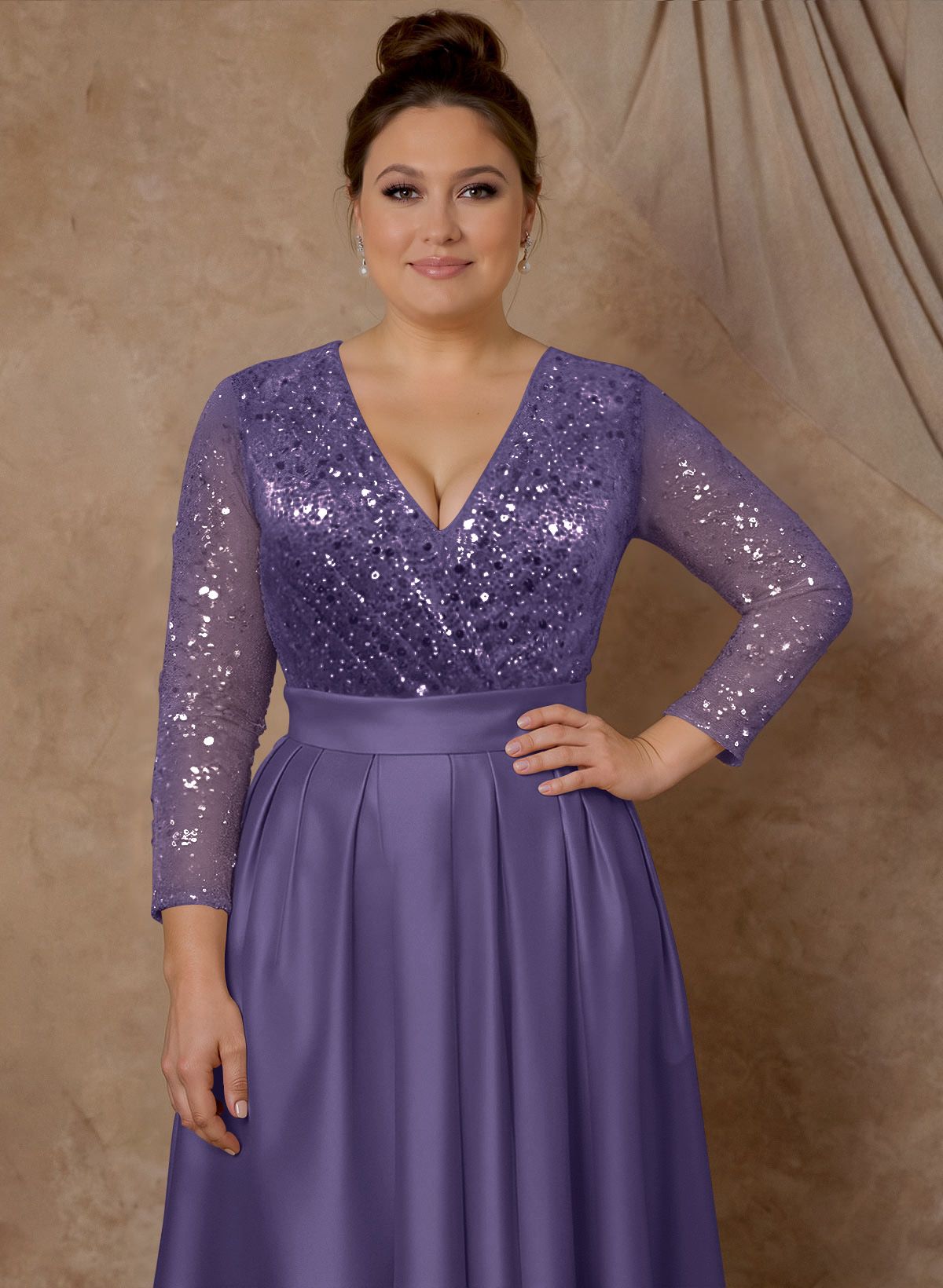 A-Line V-Neck Long Sleeves Satin/Sequined Mother Of The Bride Dresses With Pleated