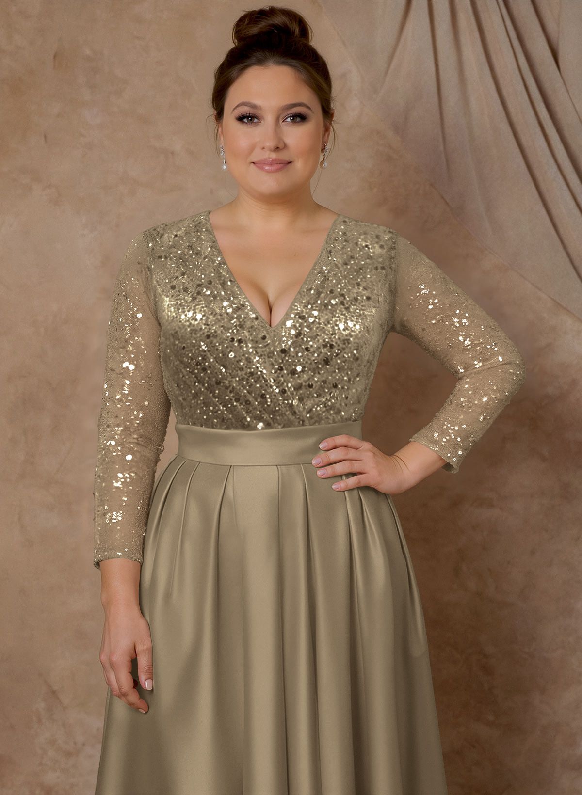 A-Line V-Neck Long Sleeves Satin/Sequined Mother Of The Bride Dresses With Pleated