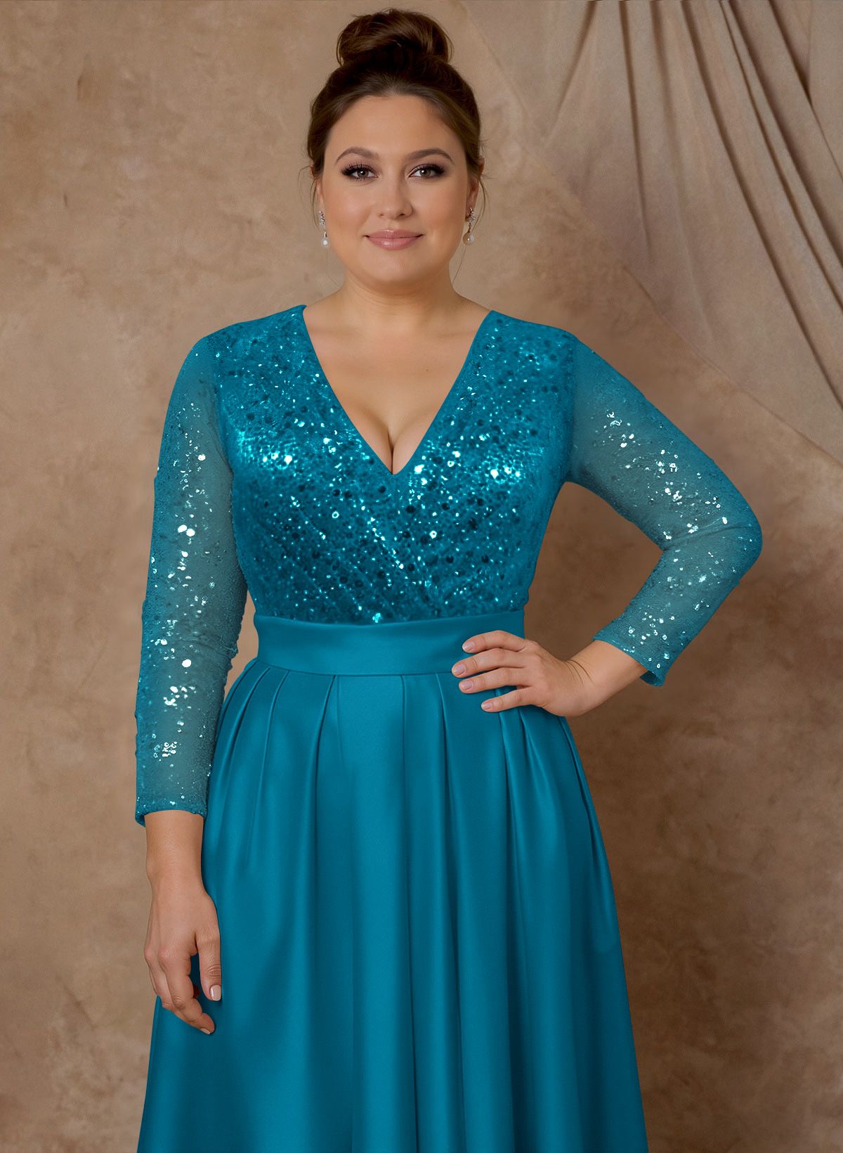 A-Line V-Neck Long Sleeves Satin/Sequined Mother Of The Bride Dresses With Pleated