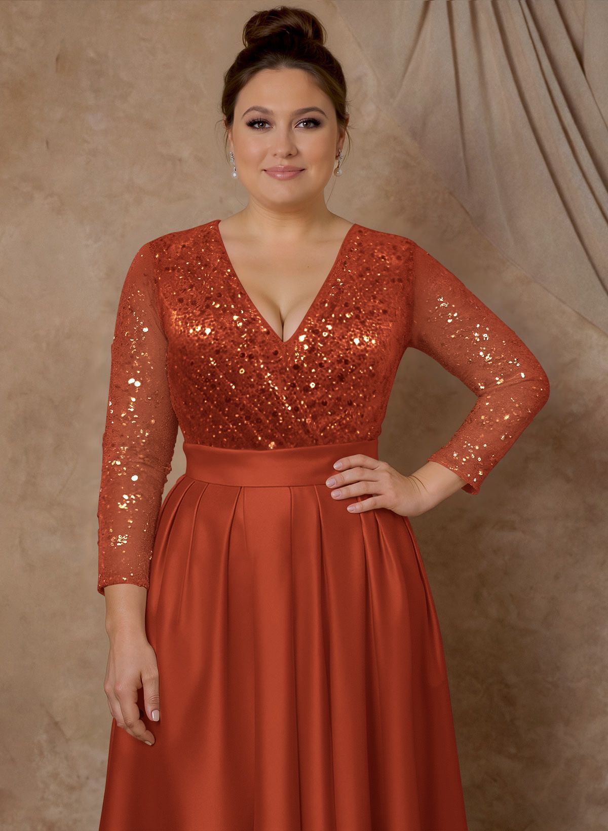 A-Line V-Neck Long Sleeves Satin/Sequined Mother Of The Bride Dresses With Pleated