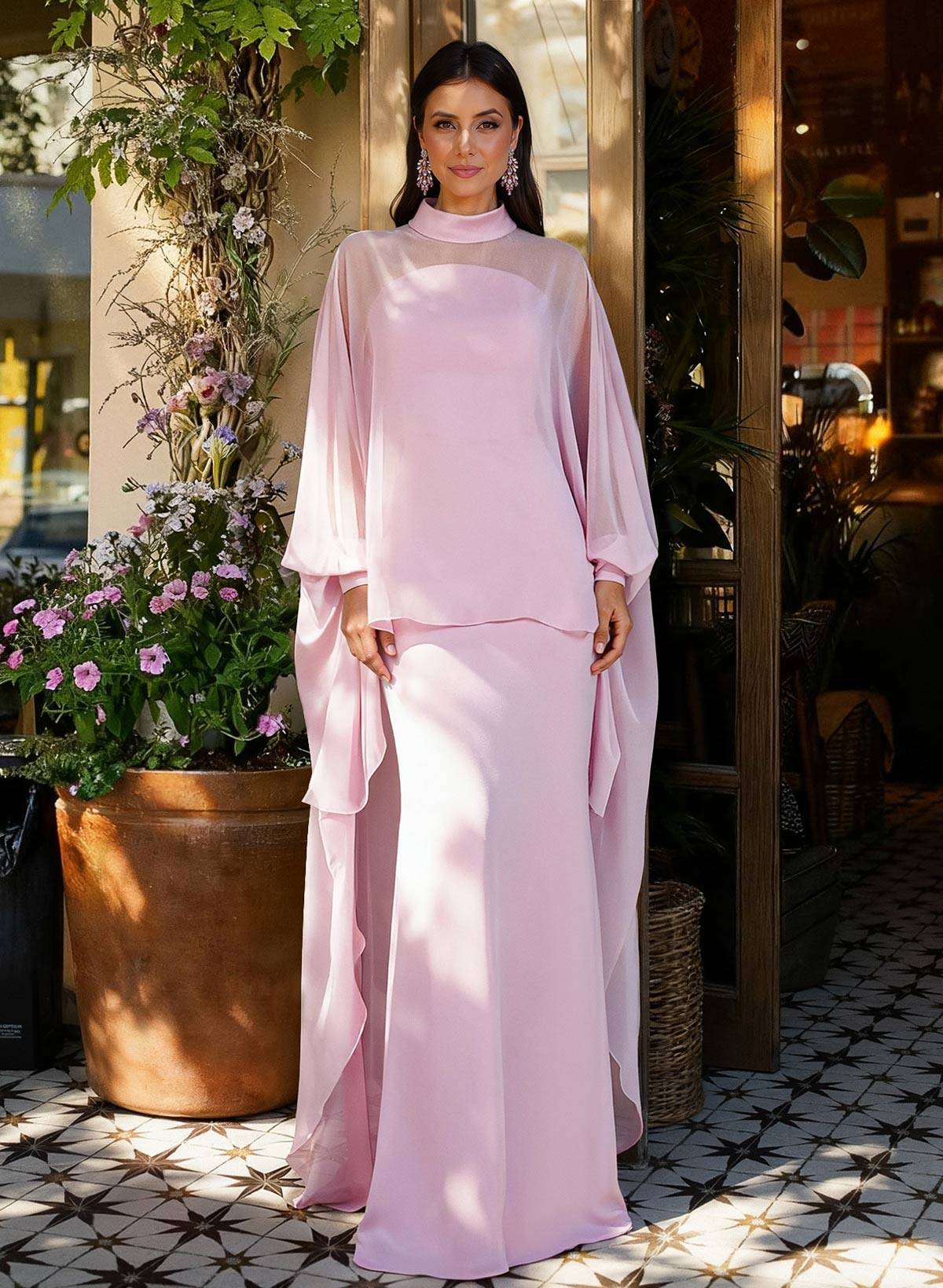 Sheath Column Illusion Neck Long Sleeves Floor-Length Chiffon Evening Dresses With Tiered in Candy Pink, US2